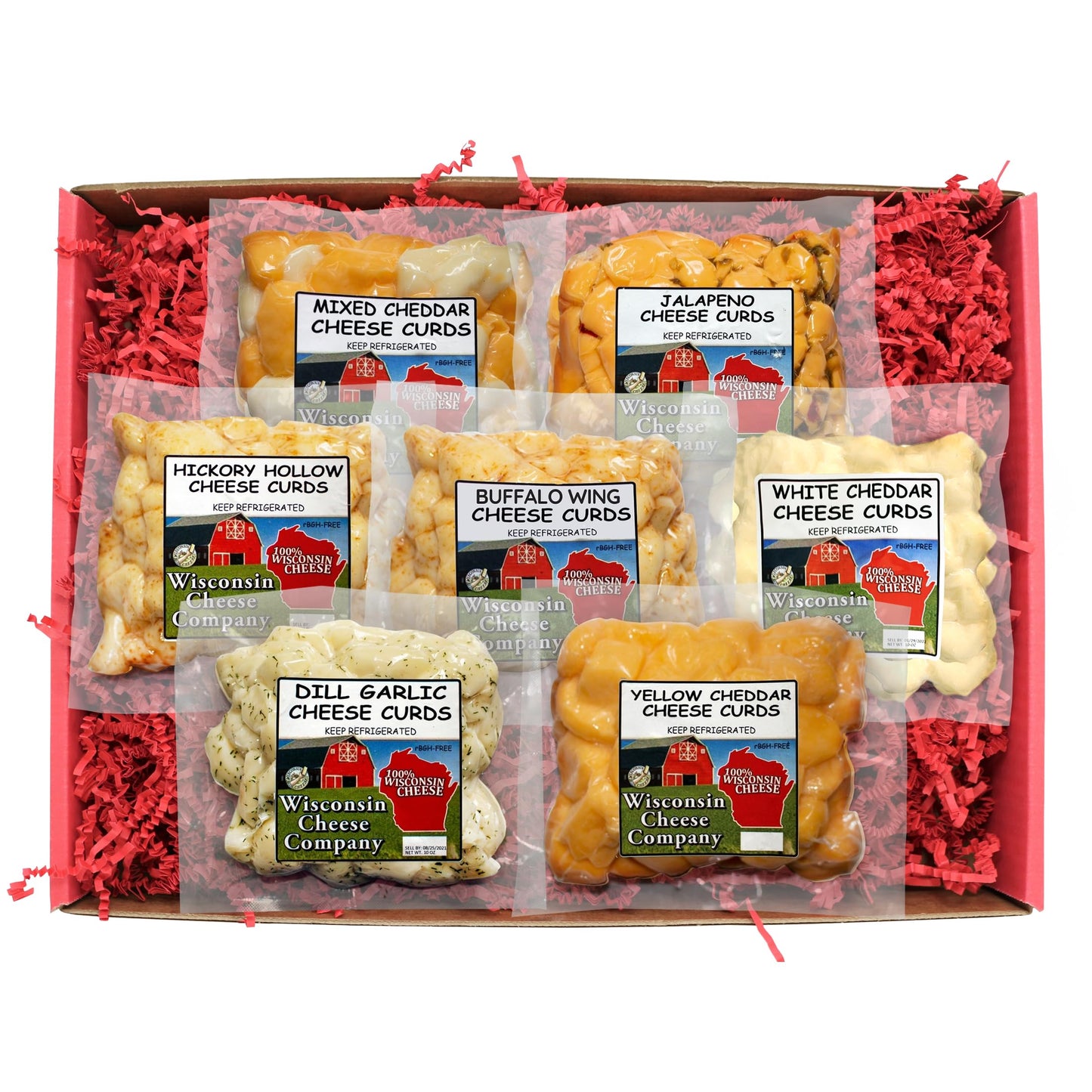 Wisconsin Cheese Company 100% Cheese Curd Variety Sampler Gift Box - 7 Piece Set for Parties, Charcuterie Boards, and Holiday Gifts