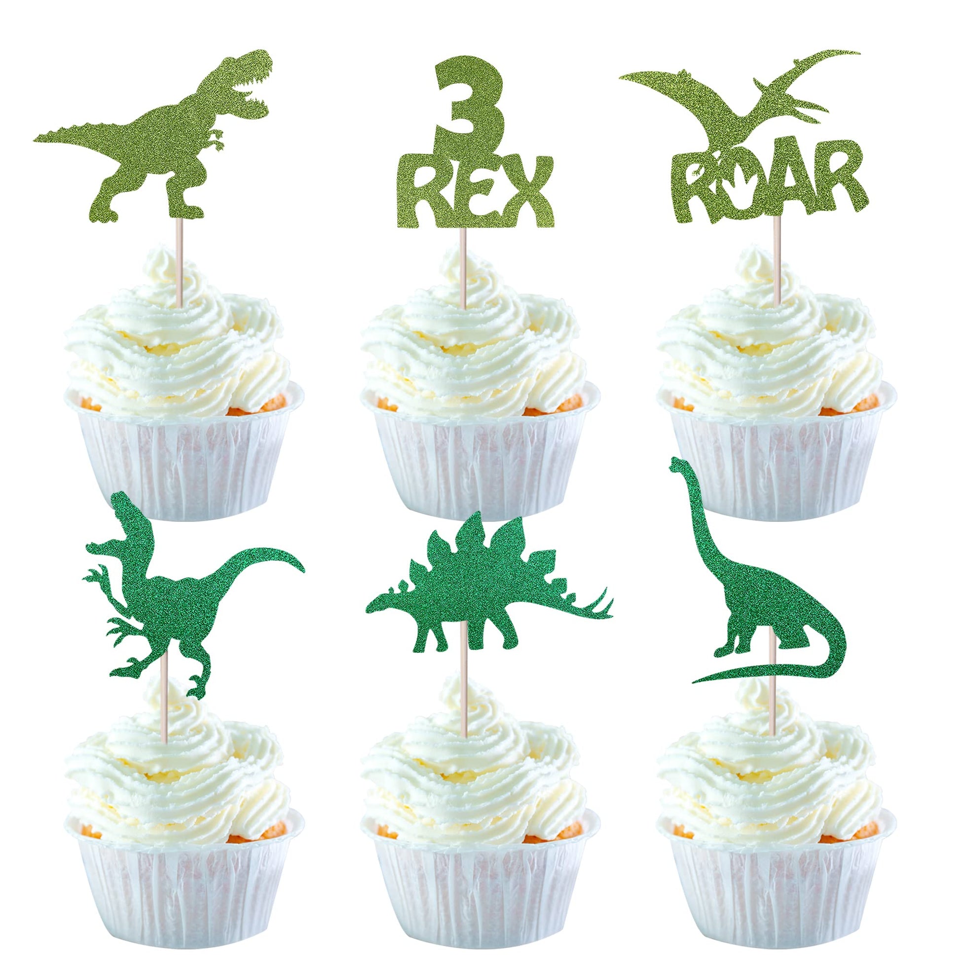 YCTHUNFISH Dinosaur Cupcake Toppers, 24 Pack Glitter Picks, Bamboo, Small, Green, Dino Theme Party Decorations