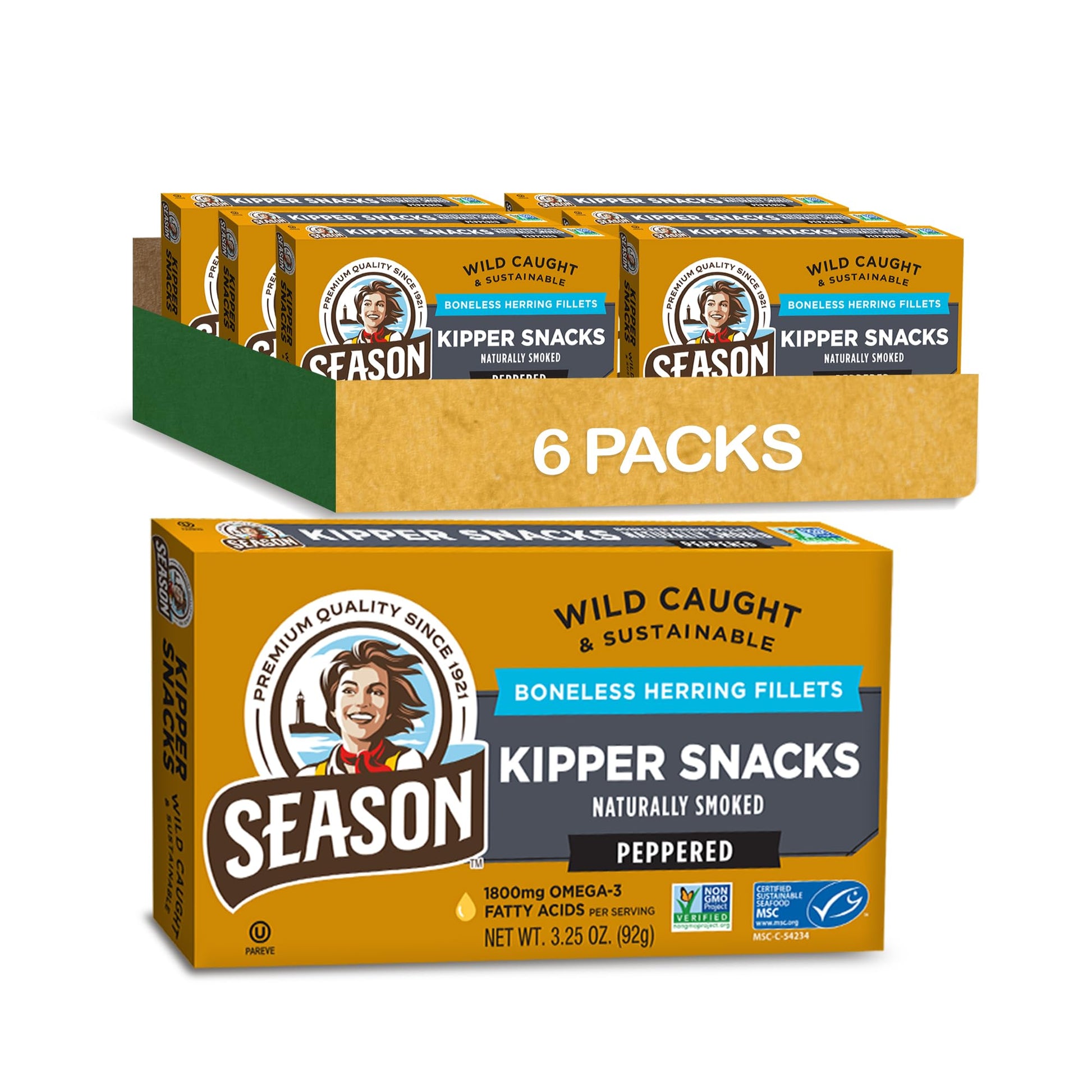 Season Peppered Kipper Snacks - Boneless Herring Fillets, Naturally Smoked, Wild Caught, Keto Snacks, Non-Gmo, Certified Sustainable Seafood, 18G Of Protein, 1800Mg Of Omega-3-3.25 Oz, 6-Pack
