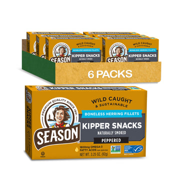 Season Peppered Kipper Snacks - Boneless Herring Fillets, Naturally Smoked, Wild Caught, Keto Snacks, Non-Gmo, Certified Sustainable Seafood, 18G Of Protein, 1800Mg Of Omega-3-3.25 Oz, 6-Pack
