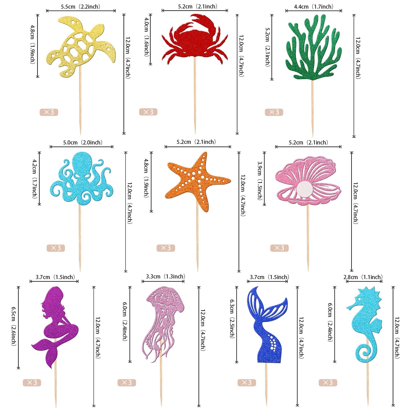 30 Pcs Mermaid Cupcake Toppers Glitter Starfish Coral Mermaid Tail Cupcake Picks Octopus Seahorse Jellyfish Cake Decorations For