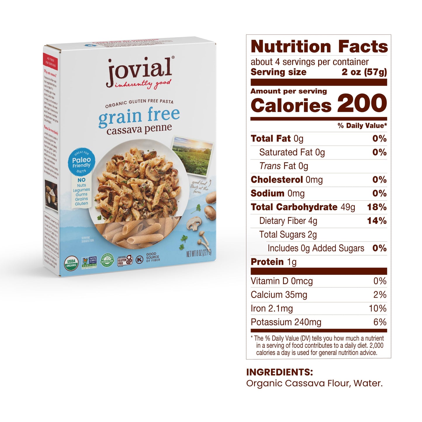 Jovial Grain-Free Cassava Penne Rigate Pasta, Organic, Gluten-Free, 8 Oz, 3 Pack