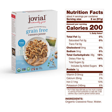 Jovial Grain-Free Cassava Penne Rigate Pasta, Organic, Gluten-Free, 8 Oz, 3 Pack