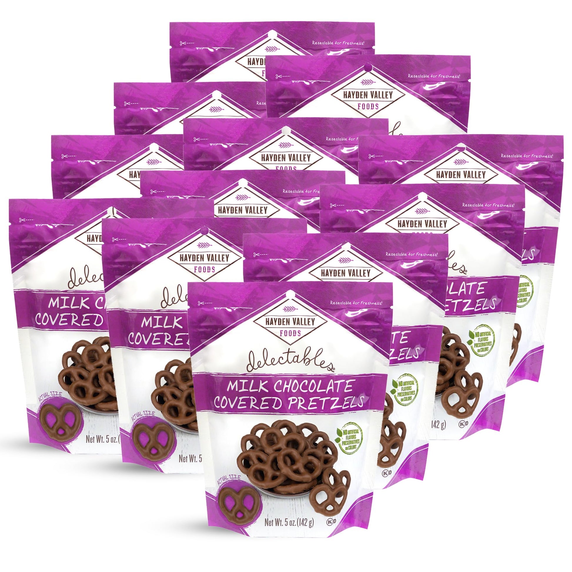 Hayden Valley Foods Milk Chocolate Covered Pretzels, 5 oz Bags, Pack of 12, No Artificial Flavors or Preservatives, Gourmet Snacks