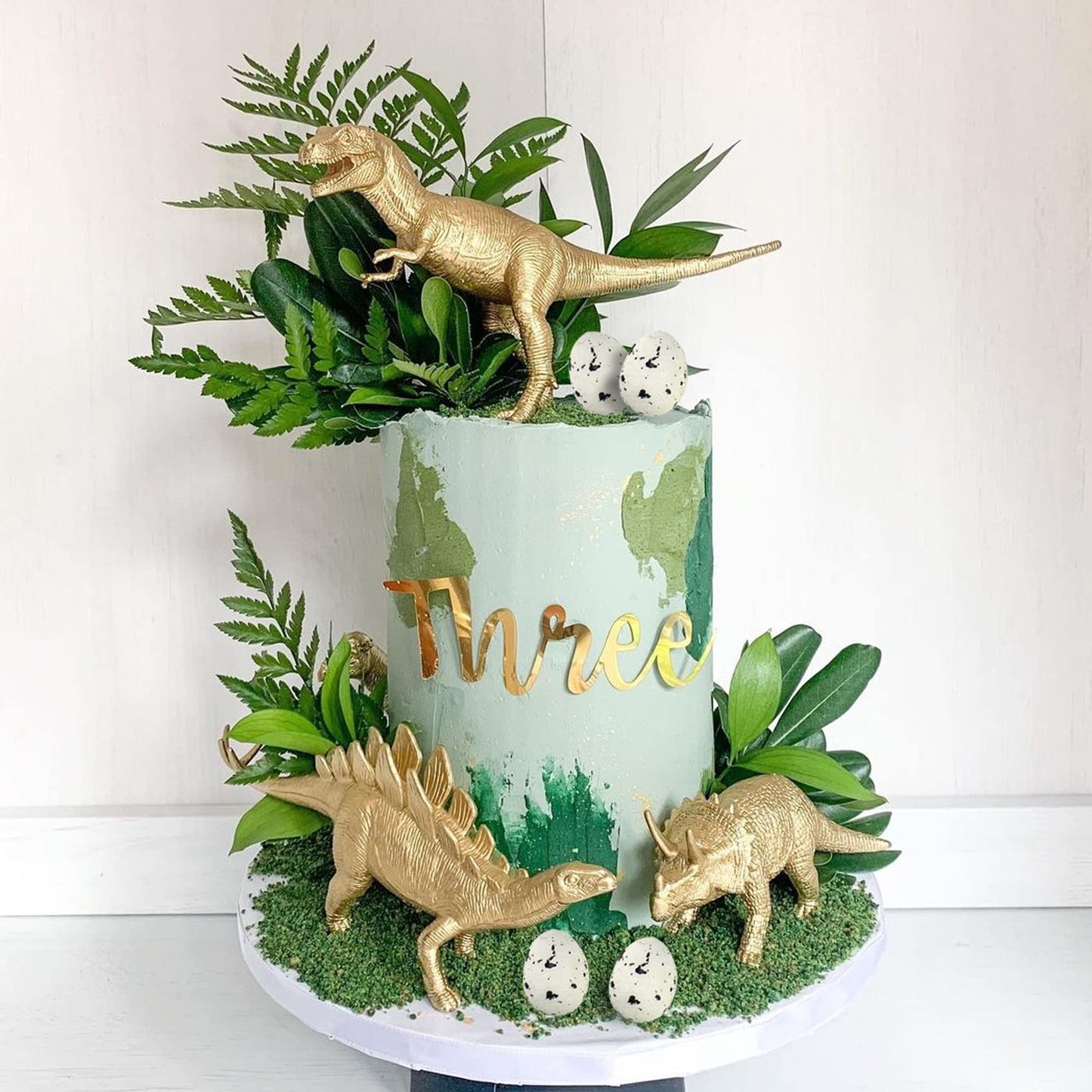 16 Pcs Metallic Gold Dinosaur Cake Decorations Dino Theme Cake Topper With Artificial Palm Leaves Dinosaur Eggs For Kids Boys Gi