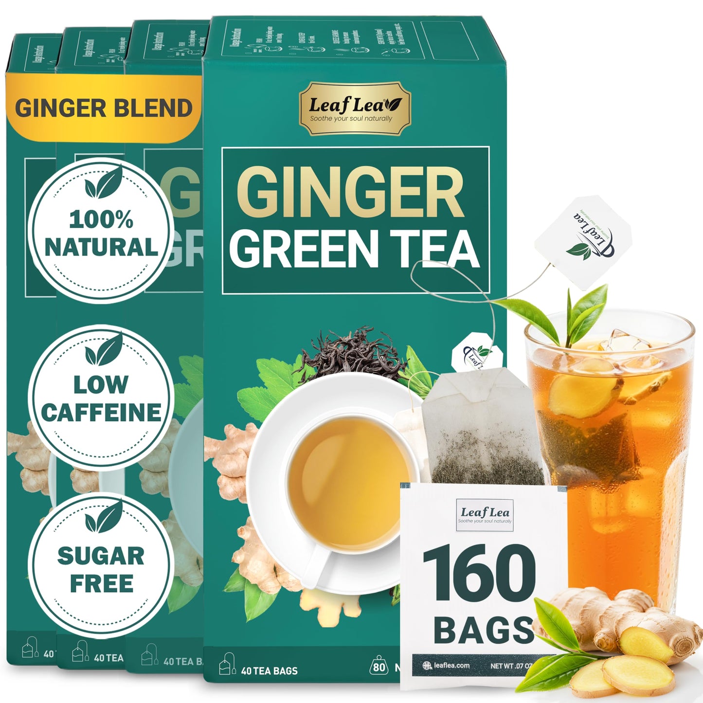 Premium Ginger Green Tea Bags Blend, Natural Green Tea with Ginger Tea Bags, Spicy and Warming Flavor Promotes Healthy Digestion