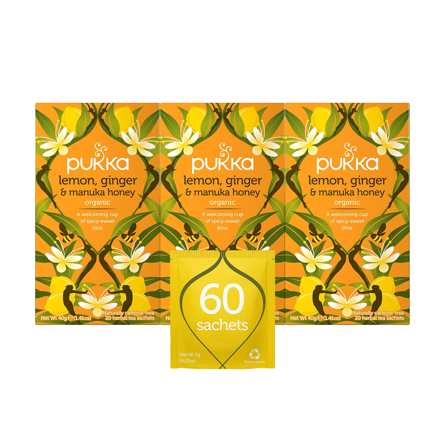 Pukka Organic Herbal Tea Bags, Lemon, Ginger & Manuka Honey, 60 Count (3 Packs)