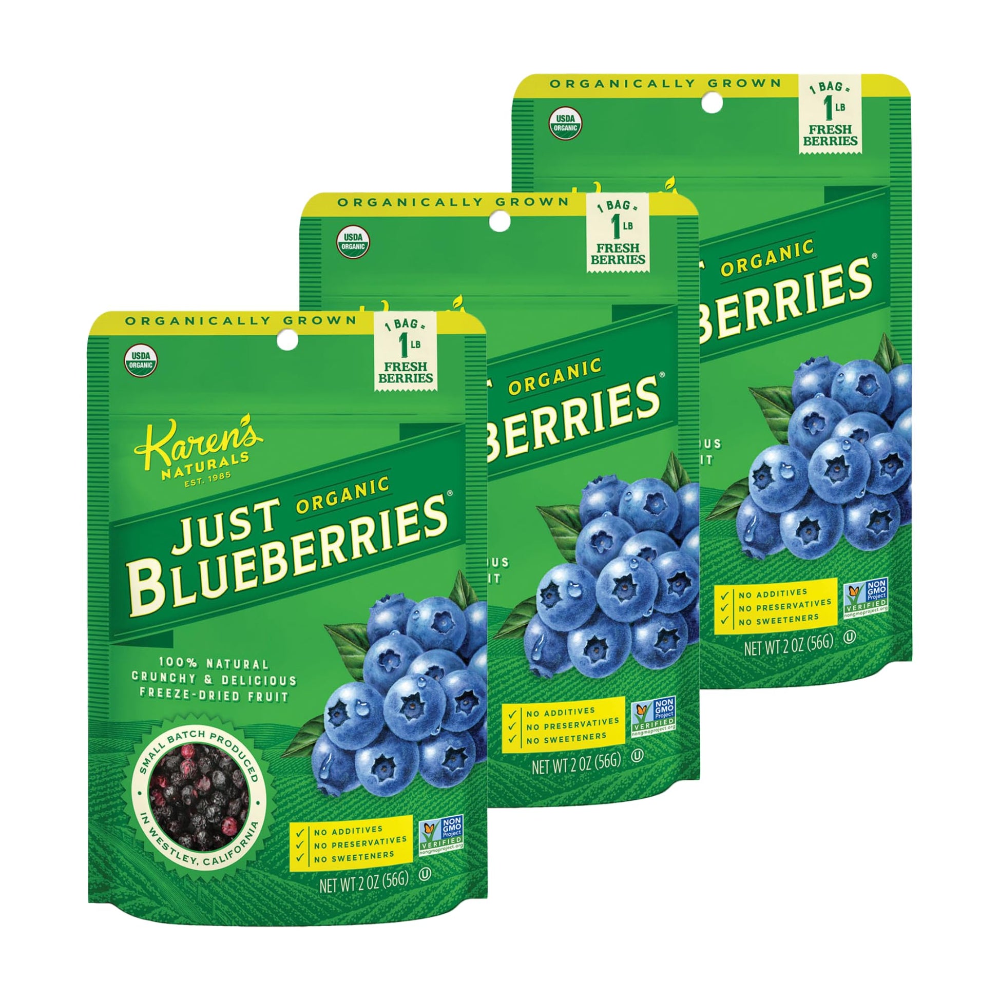 Karen's Naturals Organic Freeze-Dried Blueberries, 2oz, Pack of 3 - Crunchy, Flavor Packed Freeze Dried Fruit Snack, Organic Blu