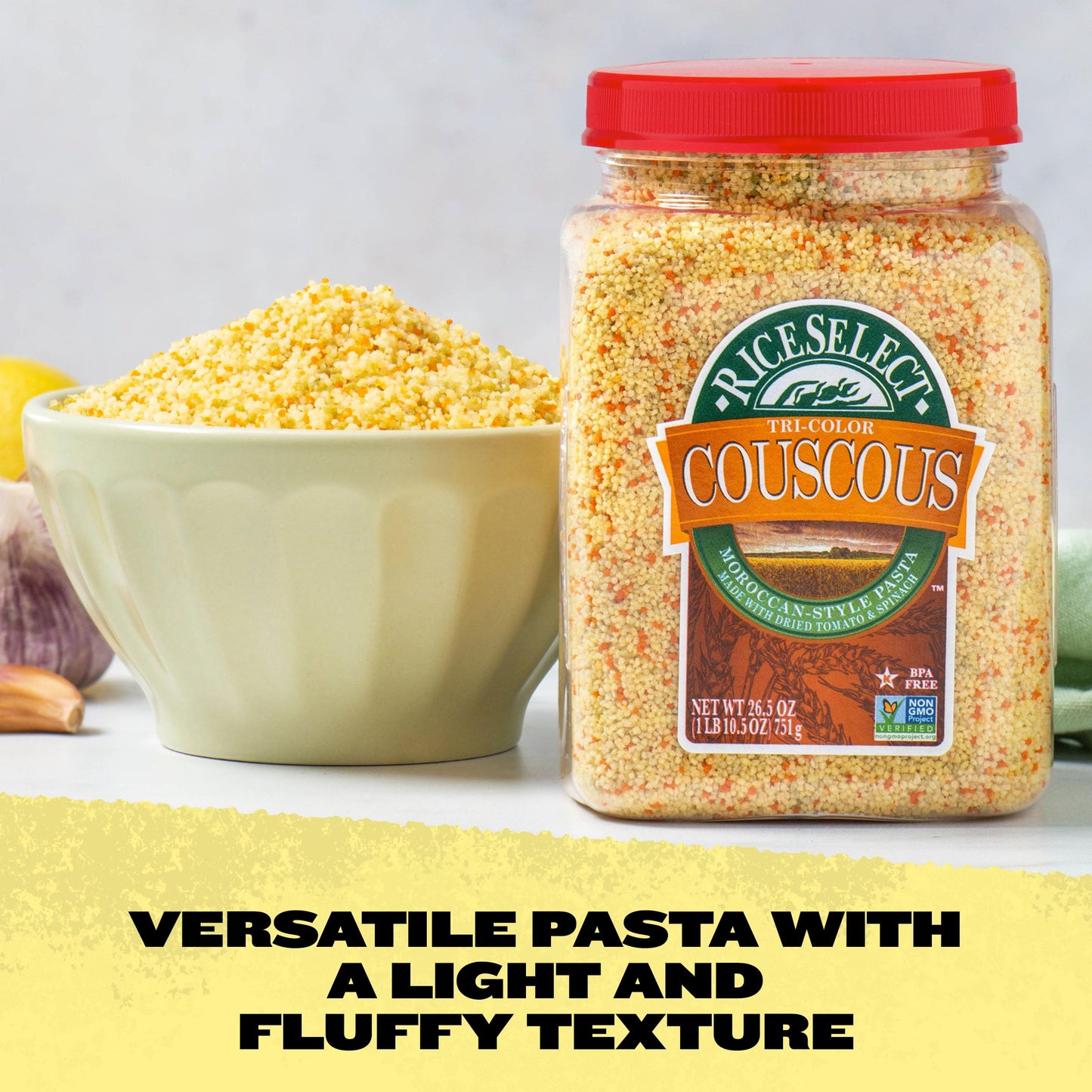 Riceselect Tri-Color Couscous, Moroccan-Style Couscous Pasta, Non-Gmo And Certified Kosher By Star K, 26.5-Ounce Jar, (Pack Of 1)