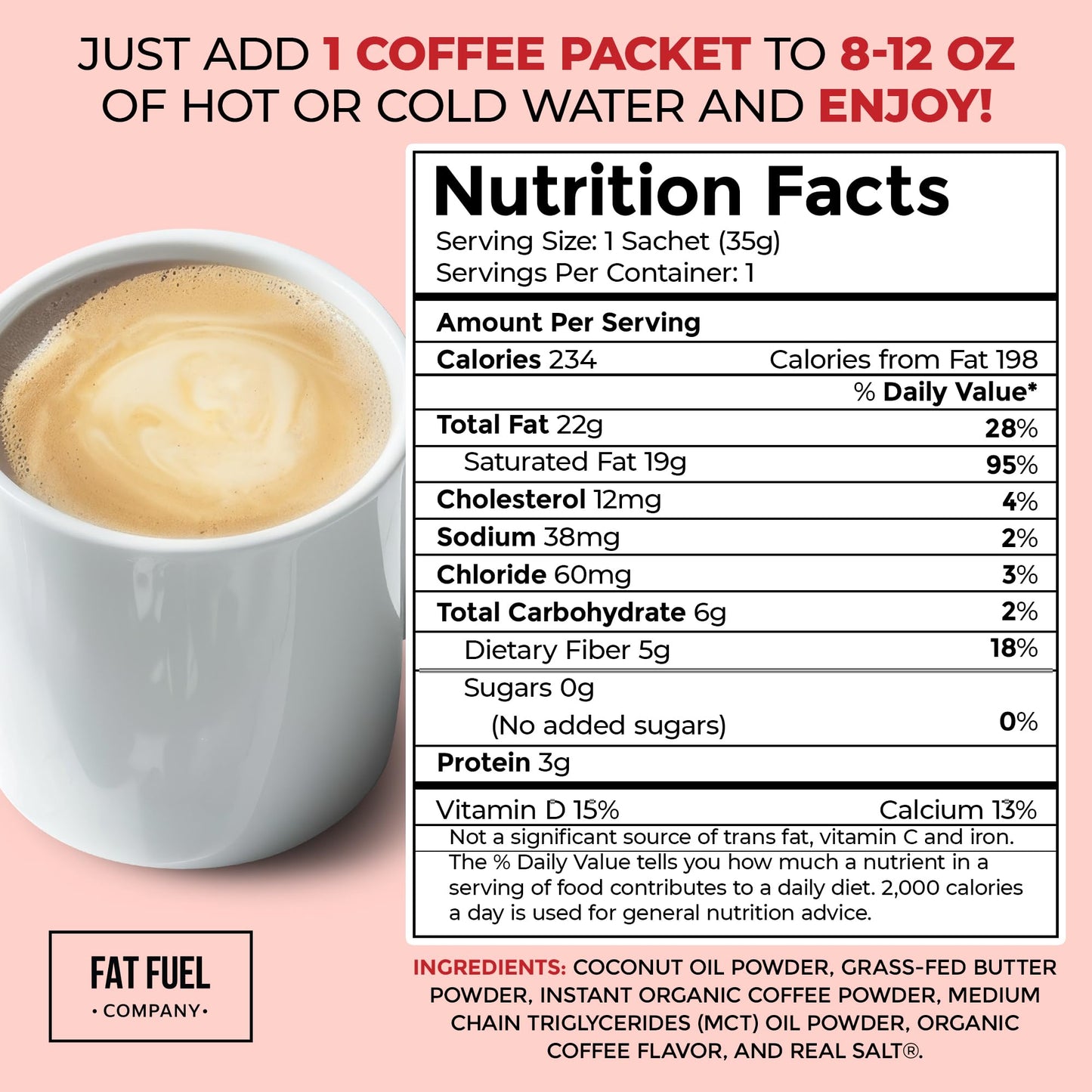 The Fat Fuel Company Keto Meal Replacement Coffee Packets, 30 Servings with MCT Oils, Coconut Oil & Grass Fed Butter