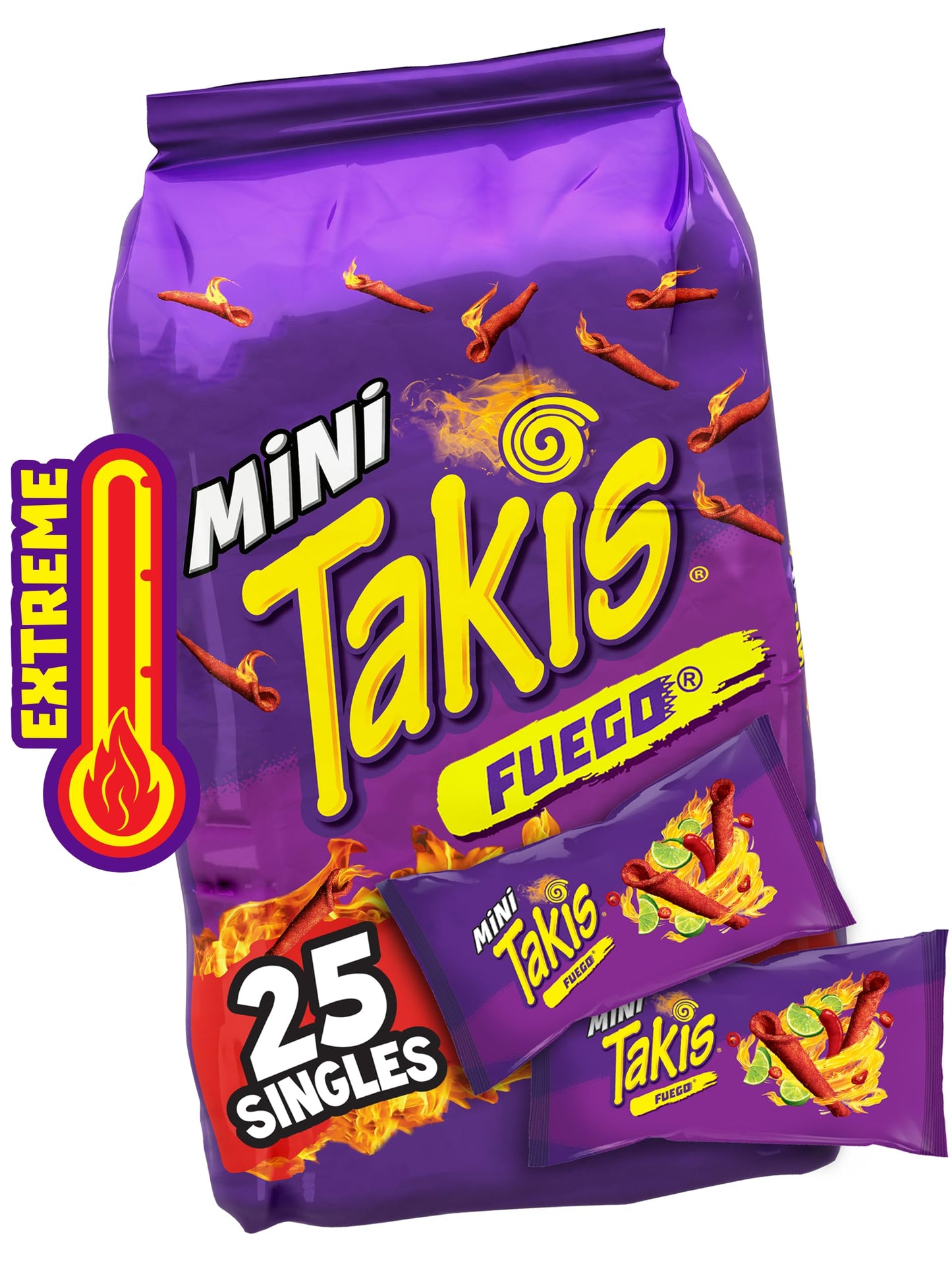 Takis Fuego Mini Rolled Tortilla Chips, Hot Chili Pepper & Lime, 25 Count, Model 34640, Extreme Spicy Snack