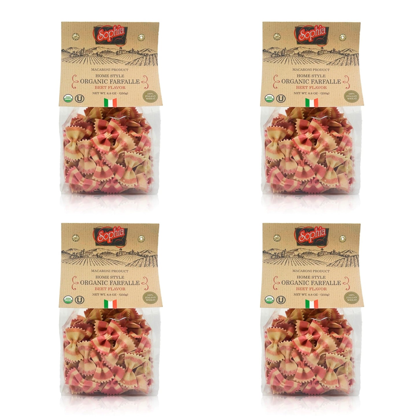 Sophia Foods Two-Color Farfalle Pasta, Beet Flavored, 8.8oz Bag - Organic and Artisanal (4-pack)