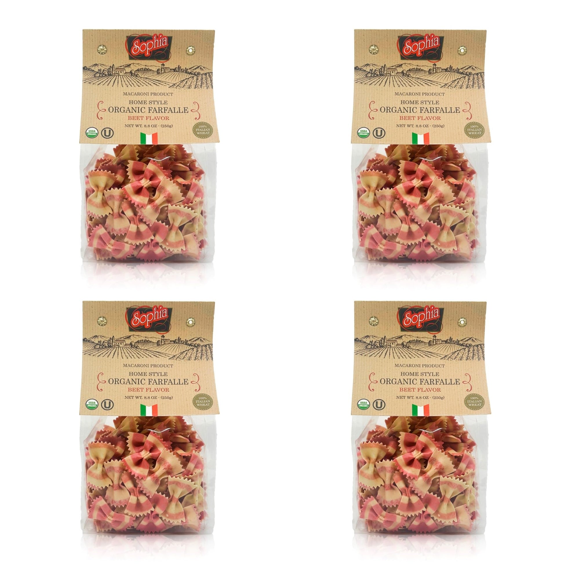 Sophia Foods Two-Color Farfalle Pasta, Beet Flavored, 8.8oz Bag - Organic and Artisanal (4-pack)