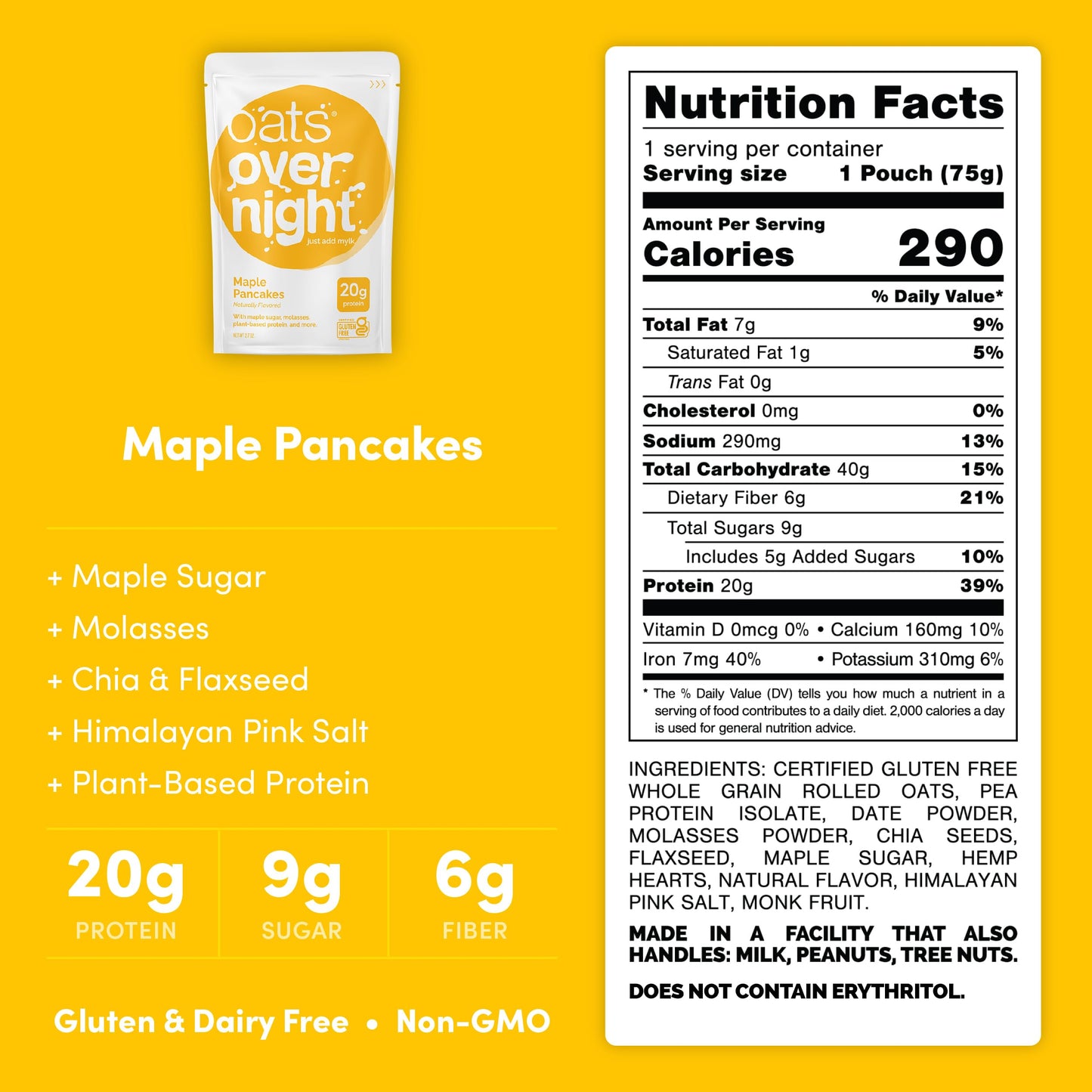 Oats Overnight Maple Pancakes Oatmeal - Dairy Free, High Protein, Low Sugar, Gluten Free, 2.5oz Pack of 16