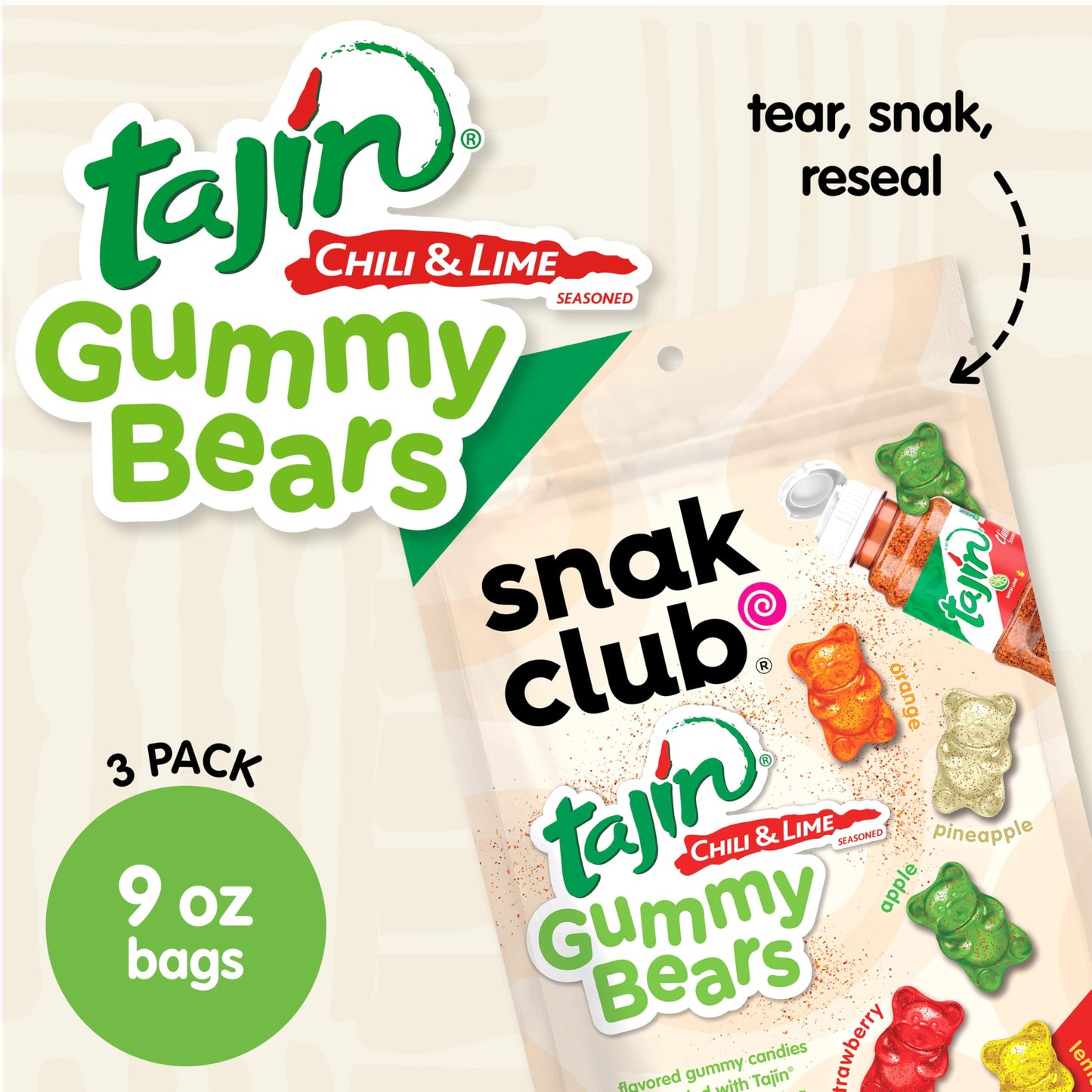 Snak Club Tajin Gummy Bears, Assorted Fruit Candy Gummies with Chili and Lime Seasoning, Mild Spice, Gluten-Free and Vegan Snack