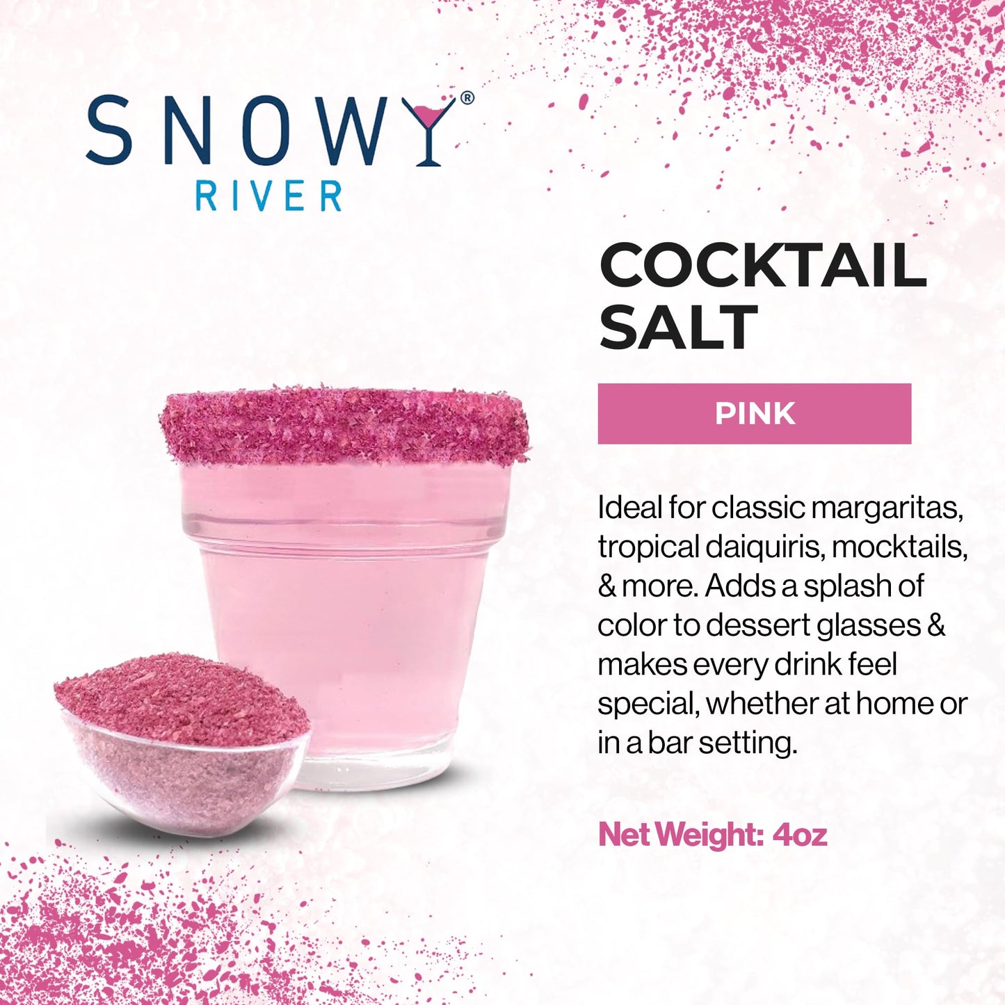 Snowy River Cocktail Rimming Salt, Pink, 4oz – Decorative Culinary Salt for Drinks and Desserts