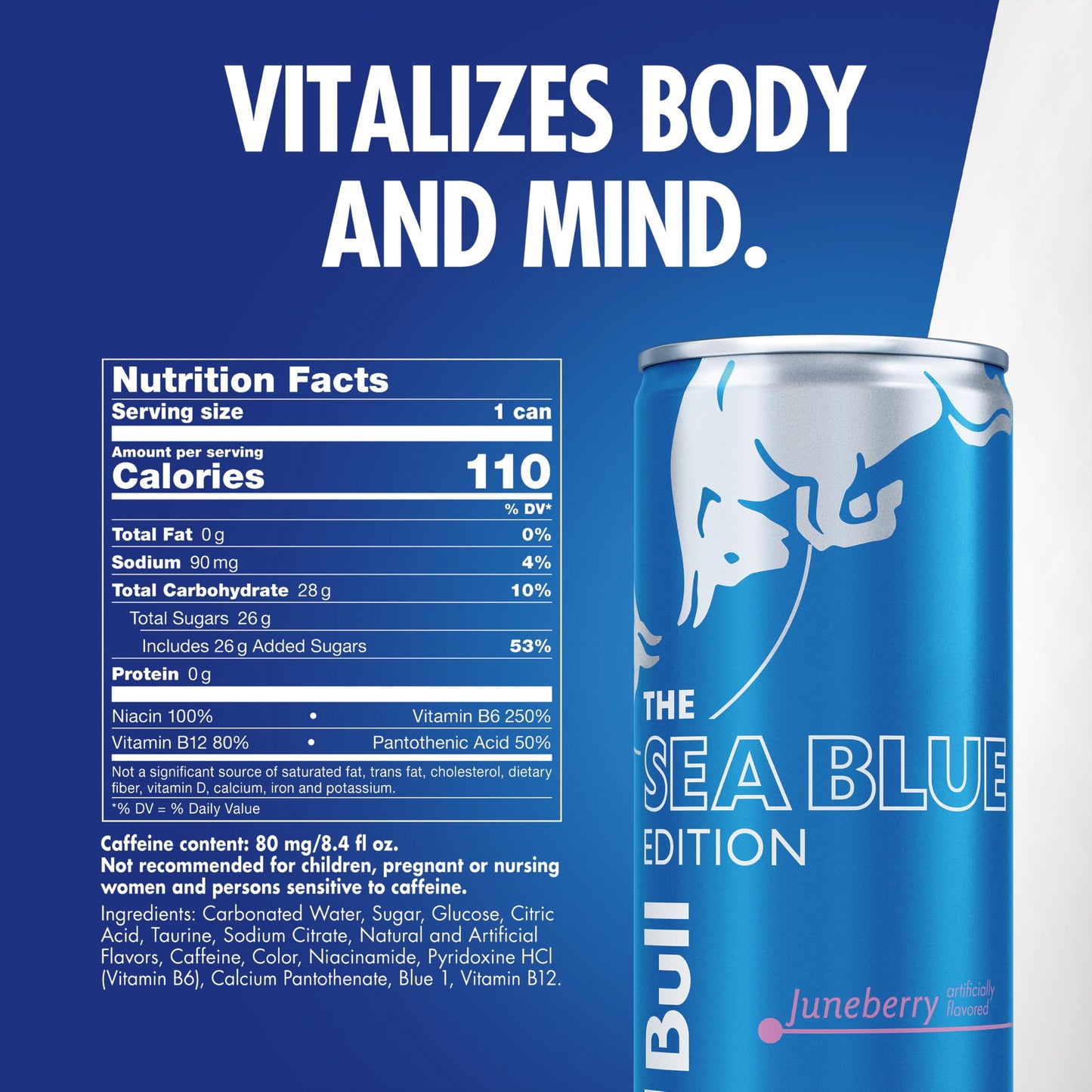 Red Bull Energy Drink, Sea Blue Edition, 80mg Caffeine, 8.4 Fl Oz, Pack of 24 Cans (6 Packs of 4)