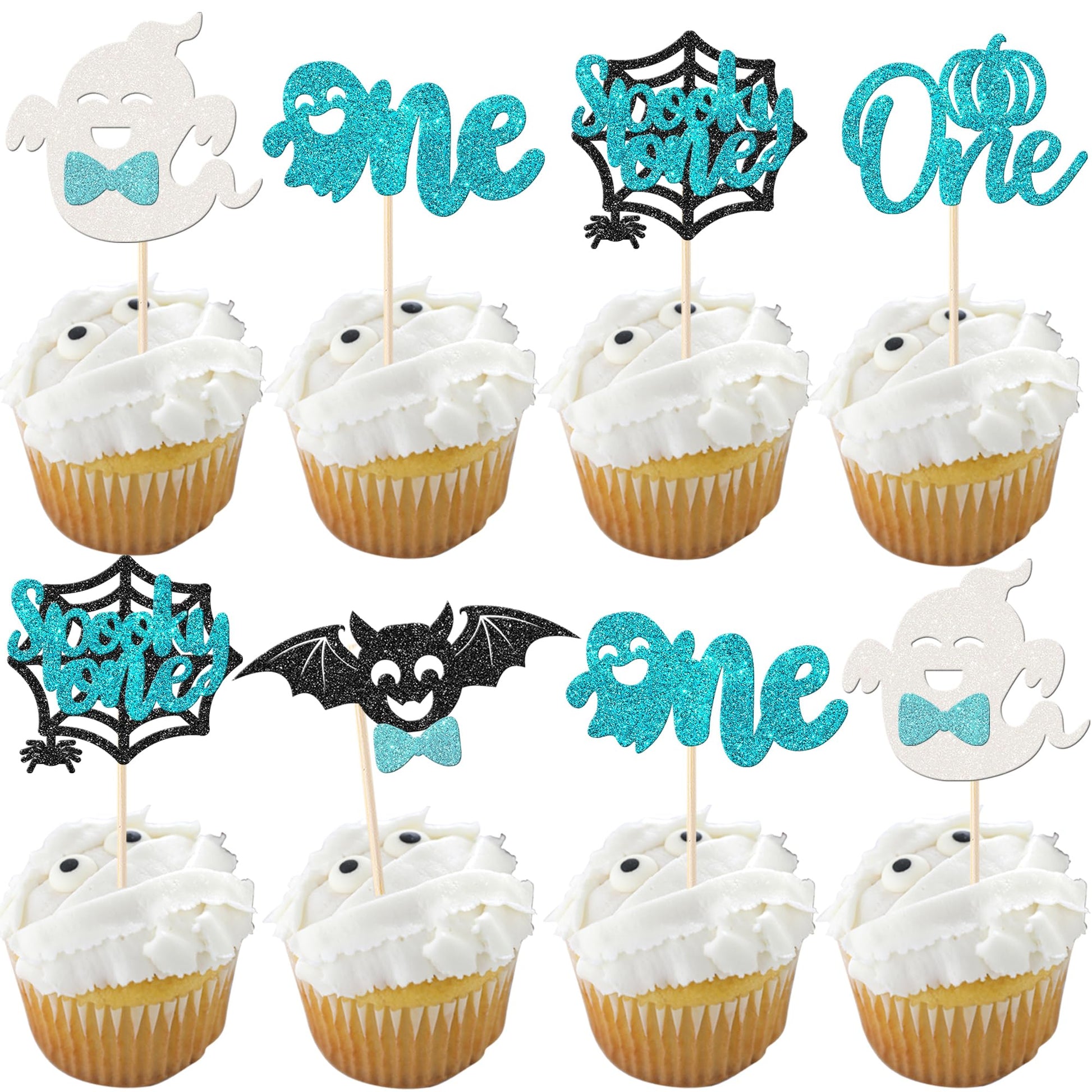 Rsstarxi Cupcake Toppers 30 Pack Glitter Ghost Bat Spider Pumpkin for Halloween Baby Shower 1st Birthday Cake Decorations Design 13 Blue