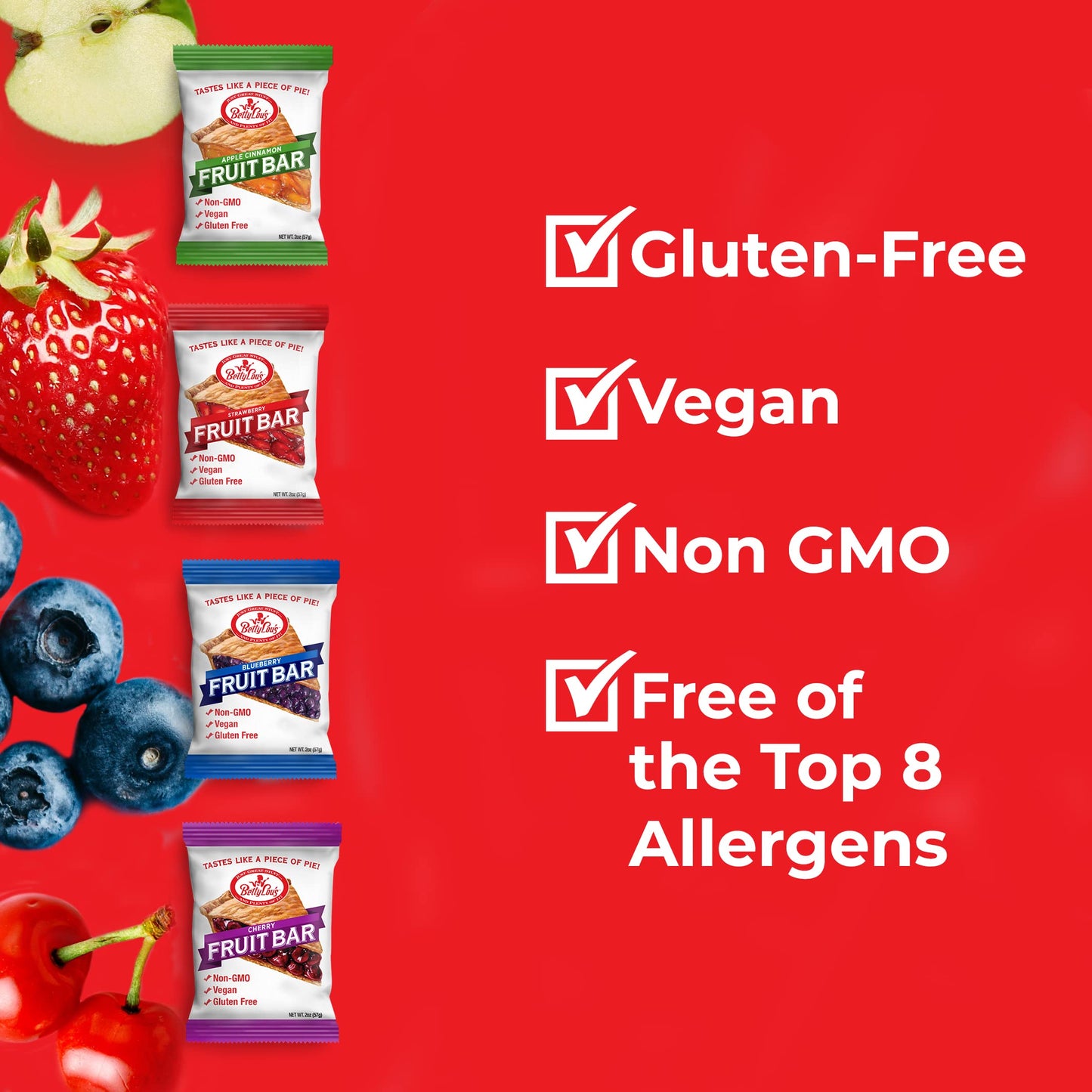 Betty Lou s Fruit Bars Variety Pack, Gluten Free Snacks for Adults and Kids, 4 Flavors of Vegan Breakfast & Cereal Bars, Apple