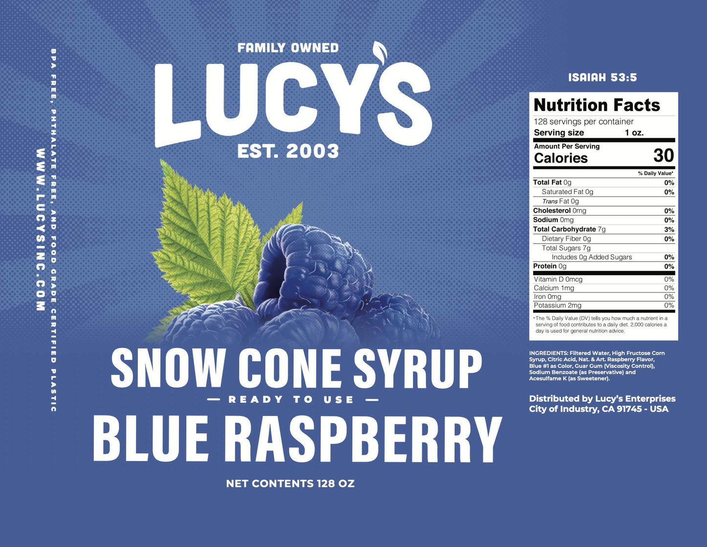 Lucys Shaved Ice Snow Cone Syrup, Blue Raspberry, 1 Gallon (128oz)