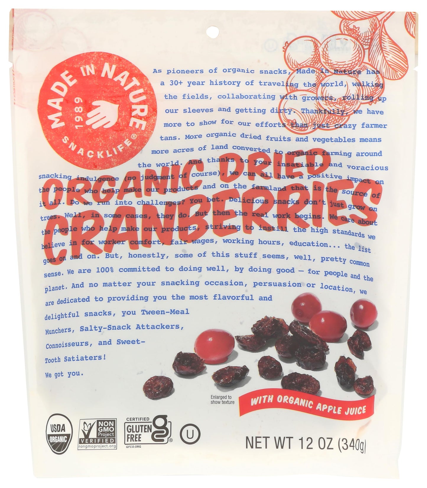 Made In Nature Organic Dried Cranberries With Organic Apple Juice, 12 Oz (340 G)