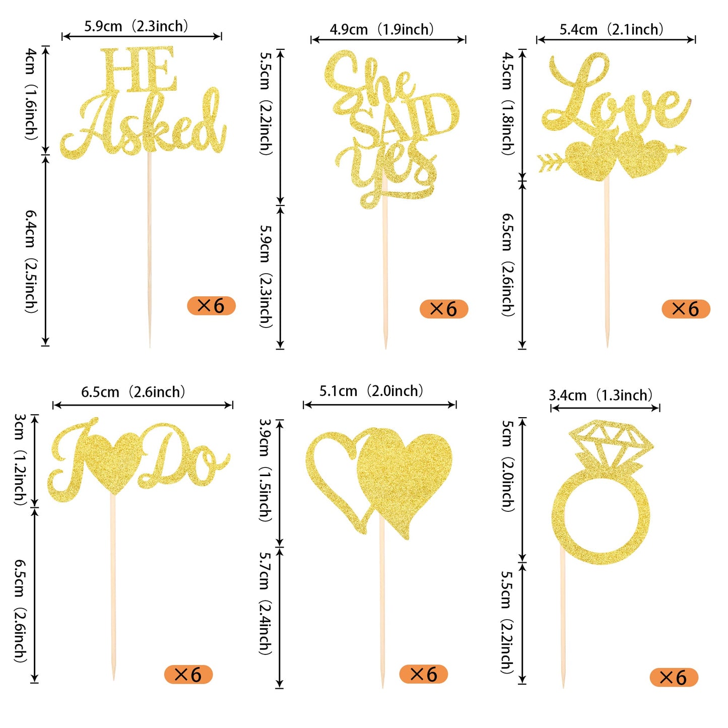 YCTHUNFISH Cupcake Toppers, 36 Pack Gold Glitter Heart and Ring Picks, Bamboo, Small for Wedding Engagement Bridal Shower Decor