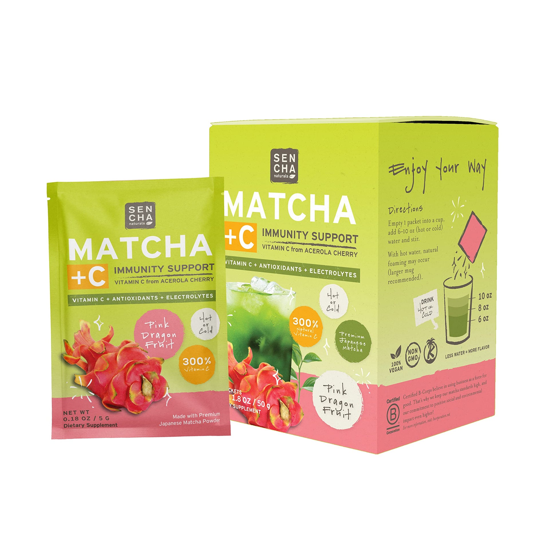 Sen Cha Naturals Dragonfruit Green Tea + C Effervescent Drink Mix With 200% Vitamin C, Japanese Matcha Powder, Acerola Cherry, C