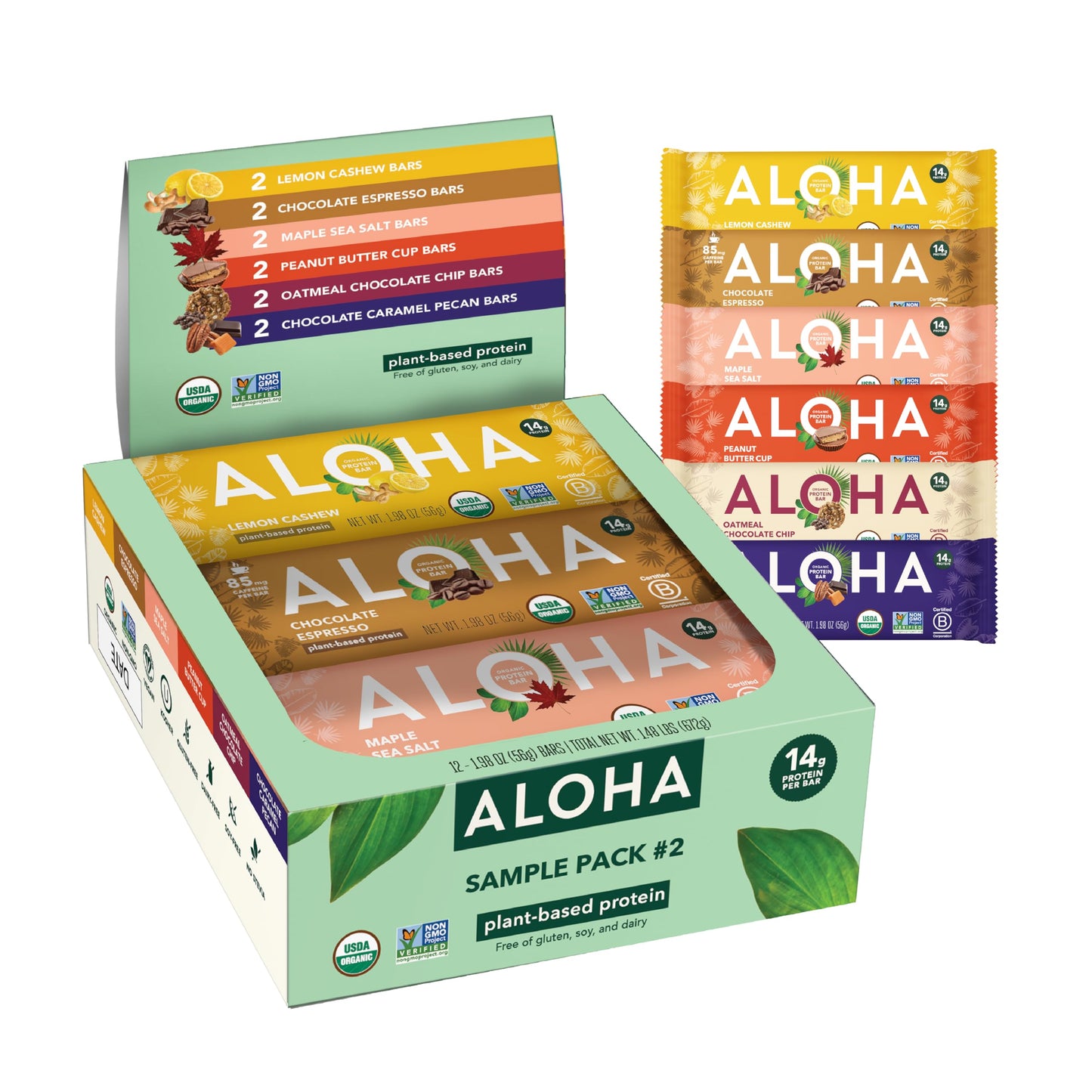 ALOHA Organic Plant Based Protein Bars - Sampler Pack #2-12 Bars  Vegan  Low Sugar  Gluten-Free  Paleo  Low Carb  Non-GMO  No Stevia  No Erythritol