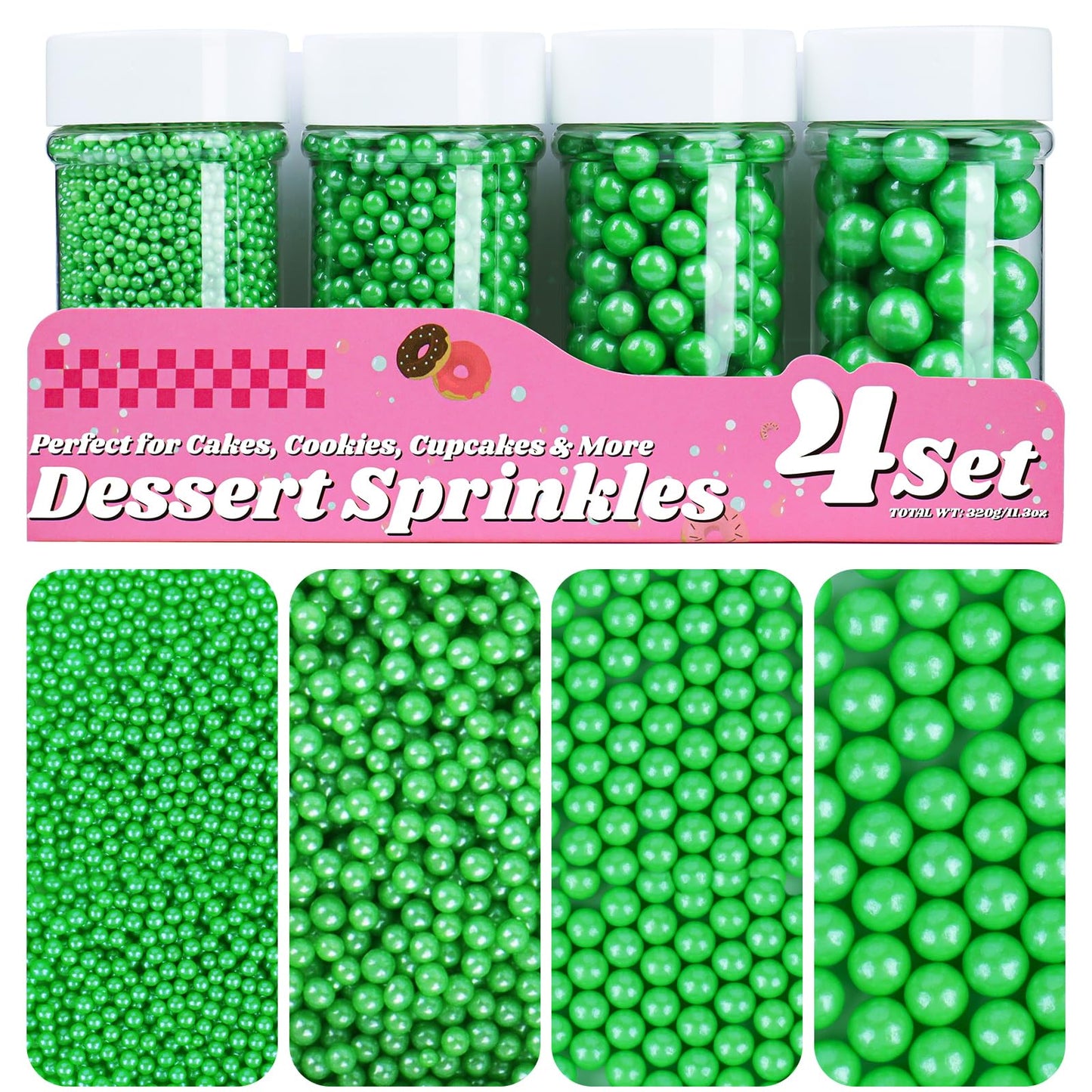 Green Pearl Sprinkles for Cake Decorating, 11.3 Oz Edible Pearls Sugar Large Capacity 4 Jars Set for Baking Cookie Ice Cream Cup