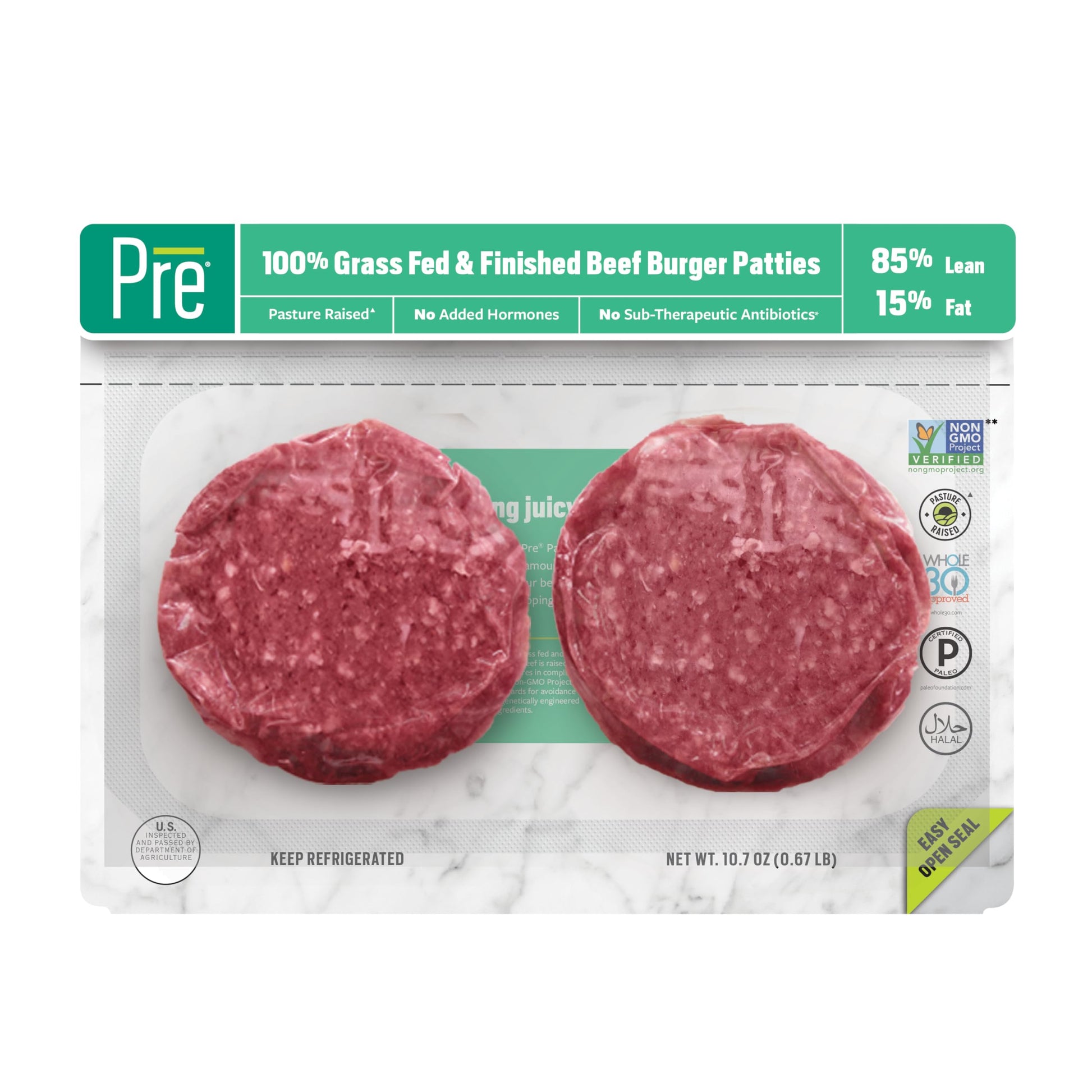 Pre, Beef Burger Patties 85% Lean/15% Fat, Grass-Fed, Pasture-Raised | 0.66625 lbs. | Pack of 2