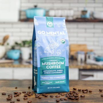 Organic Turkey Tail & Cordyceps Mushroom Coffee Dark Roast, Full Fruiting Body, Antioxidants, Immune System Support, Overall Wel