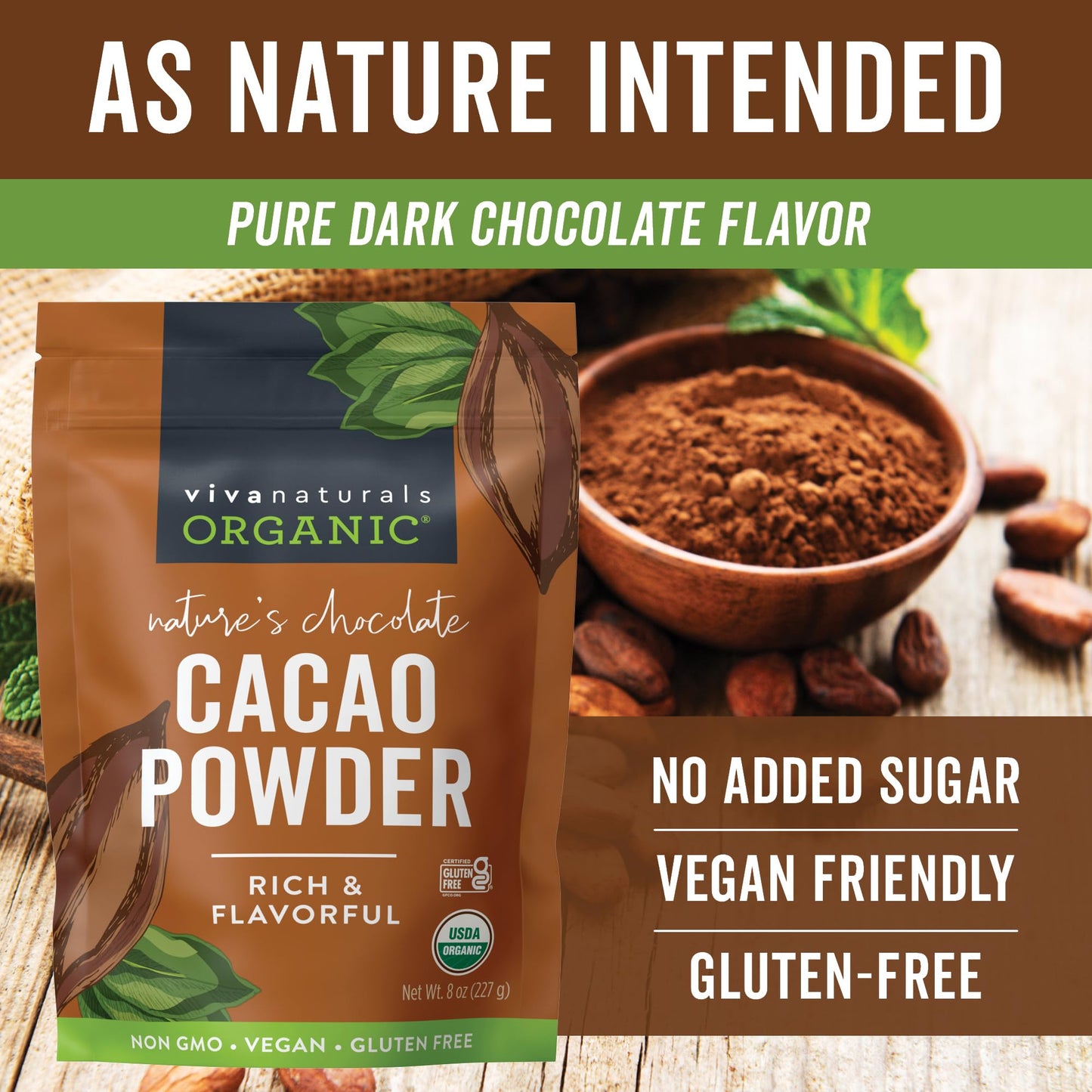 Viva Naturals Organic Cacao Powder  8 oz - Unsweetened Cocoa Powder With Rich Dark Chocolate Flavor  Perfect for Baking & Smoothies - Certified Vegan  Keto & Paleo  Non-GMO & Gluten-Free  227 g
