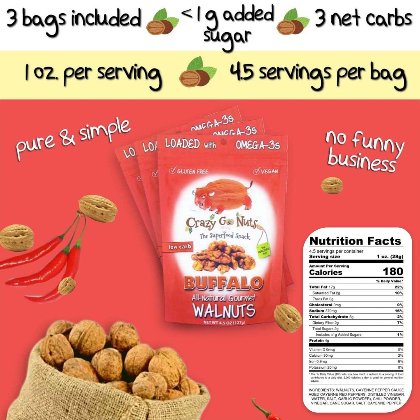 Crazy Go Nuts Sampler Pack - Candied & Salted Walnuts for Snacking, Flavored Snack Packs w/Omega 3 ALA & Vegan Protein - Maple,