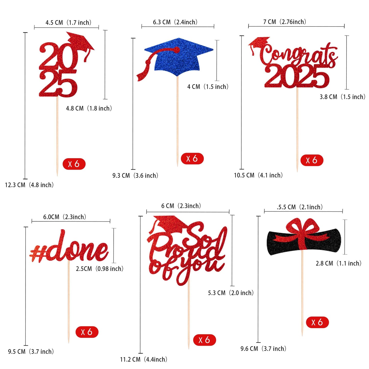 36 Pcs Class Of 2025 Graduation Cupcake Toppers, Red & Blue Glitter Double-Sided Grad Cap Cake Picks For Party Supplies, 2025 Gr