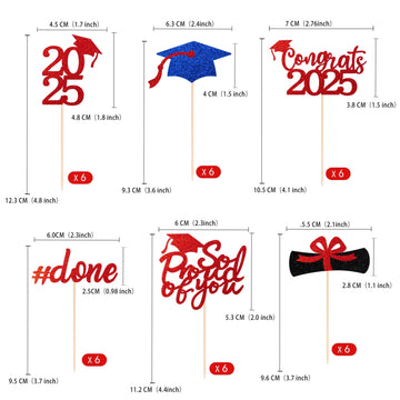 36 Pcs Class Of 2025 Graduation Cupcake Toppers, Red & Blue Glitter Double-Sided Grad Cap Cake Picks For Party Supplies, 2025 Gr