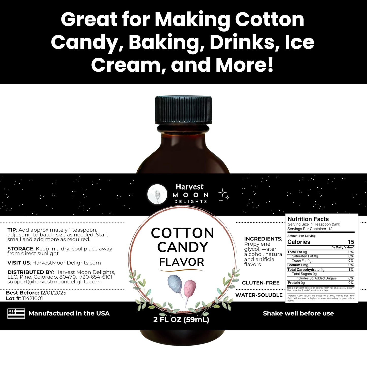 Cotton Candy Flavoring Extract - 2 Oz - Water-Soluble - By Harvest Moon Delights - Cotton Candy Extract For Baking, Ice Cream, D