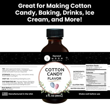 Cotton Candy Flavoring Extract - 2 Oz - Water-Soluble - By Harvest Moon Delights - Cotton Candy Extract For Baking, Ice Cream, D