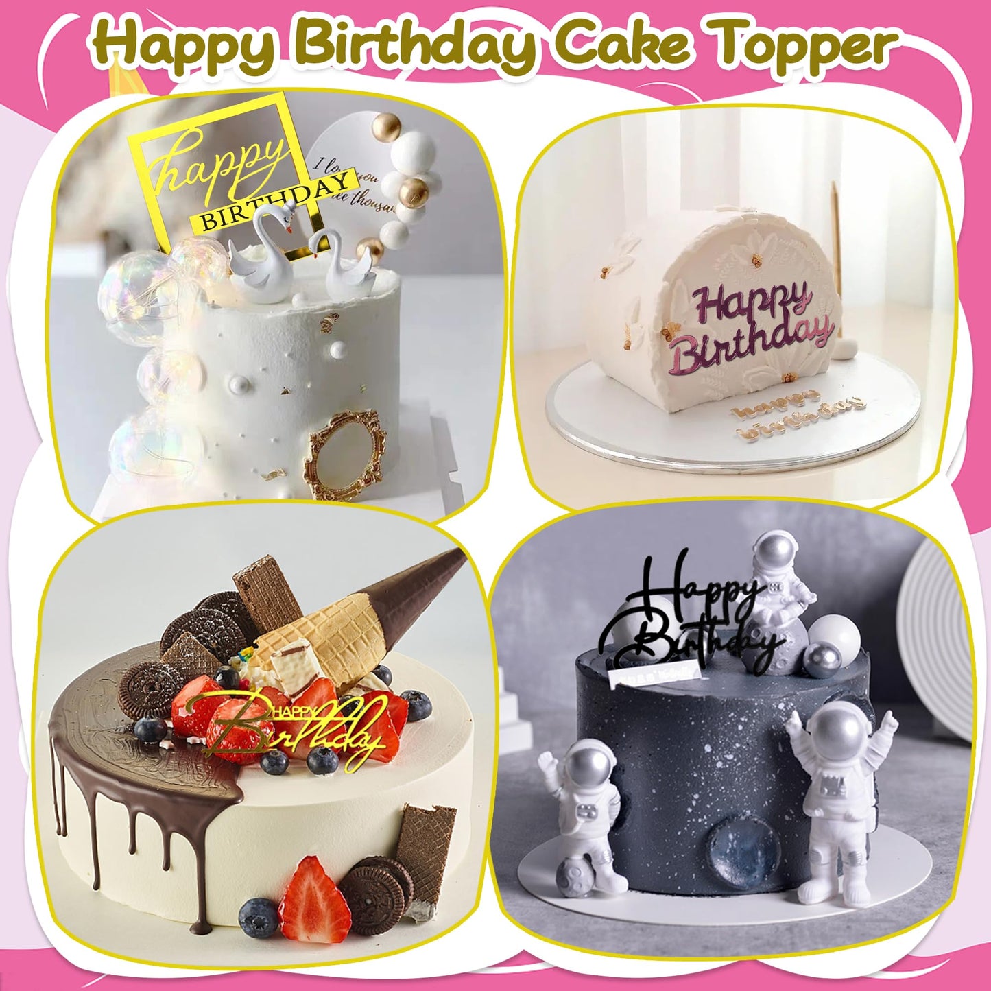 40 Pcs Happy Birthday Cake Toppers Mirror Acrylic Cake Topper Side Cake Decorations Cake Inserts Cake Decorating Supplies Cupcak
