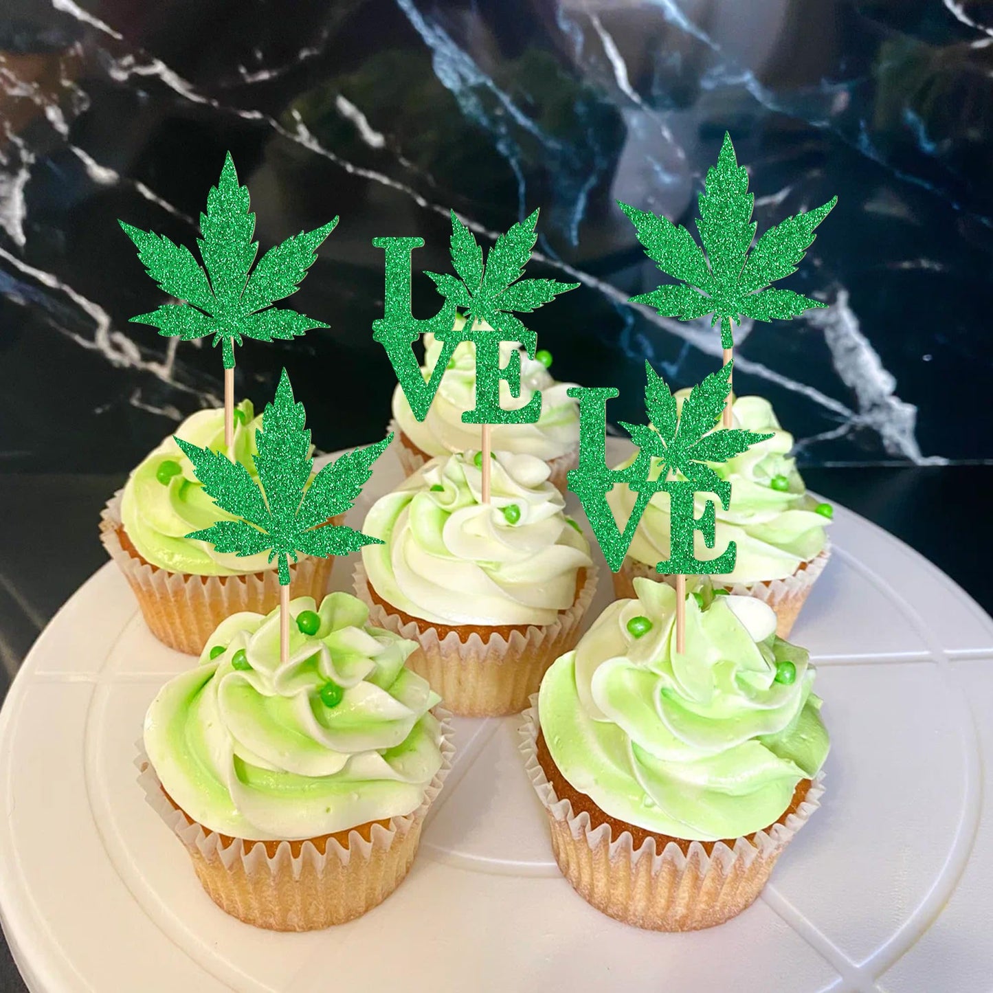 Ercadio 24 Pcs Green Glitter Cupcake Toppers for Birthday Party Decorations