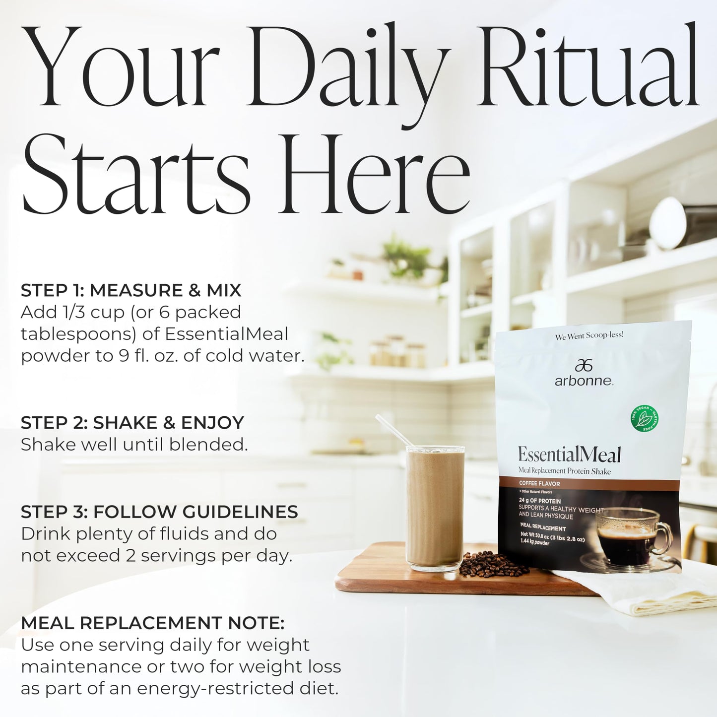 Arbonne EssentialMeal Vegan Protein Shake - Complete Daily Nutrition, Coffee Flavor