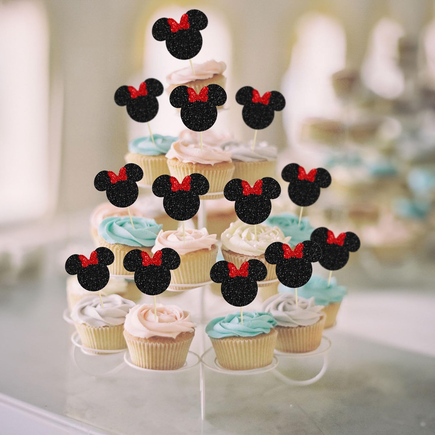 Gyufise 36 Pack Black And Red Glitter Mouse Inspired Cupcake Toppers With Bow Mouse Cake Decorations For Baby Shower Wedding Kid