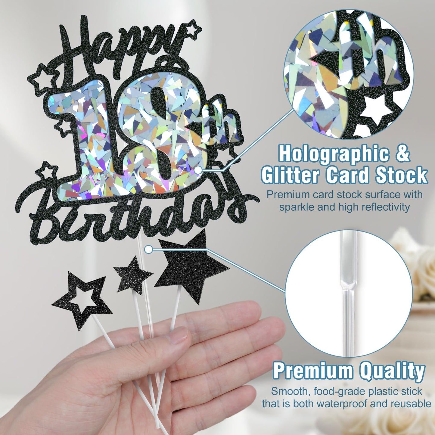 Happy 18Th Birthday Cake Topper, Black Glitter And Gem Patterns Card Stock Cake Toppers, 18 Year Birthday Party Cake Decoration