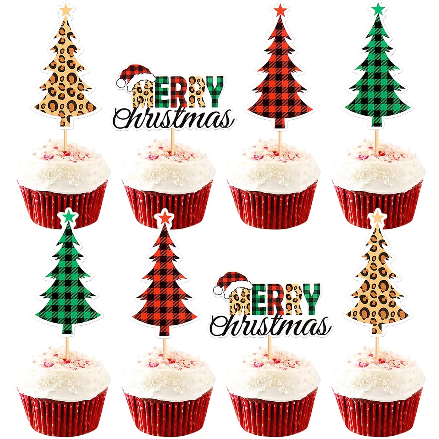Ercadio Christmas Trees Cupcake Toppers - 24 Pack, Paper, D-merry Trees, Holiday Theme Decorations for Parties and Celebrations