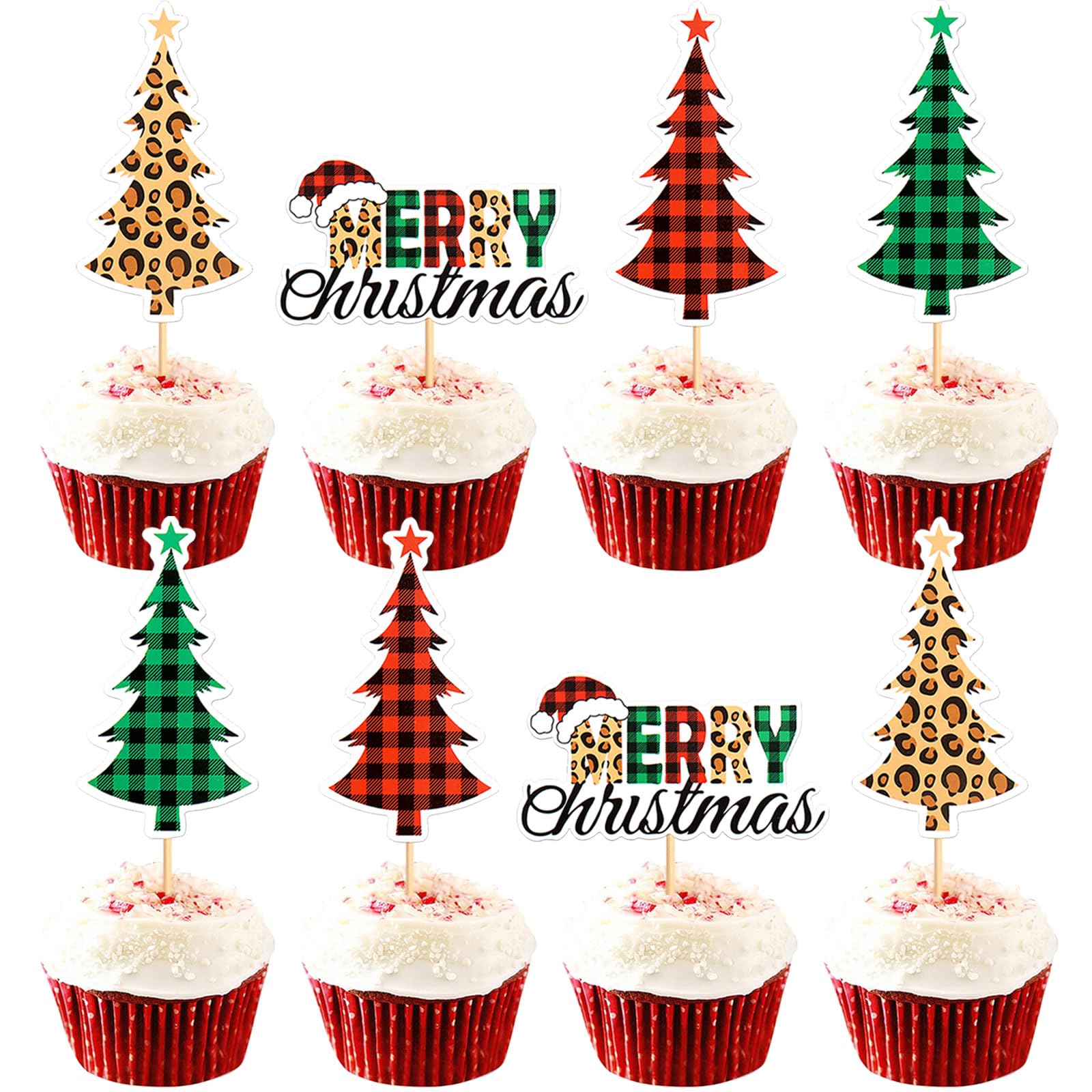 Ercadio Christmas Trees Cupcake Toppers - 24 Pack, Paper, D-merry Trees, Holiday Theme Decorations for Parties and Celebrations