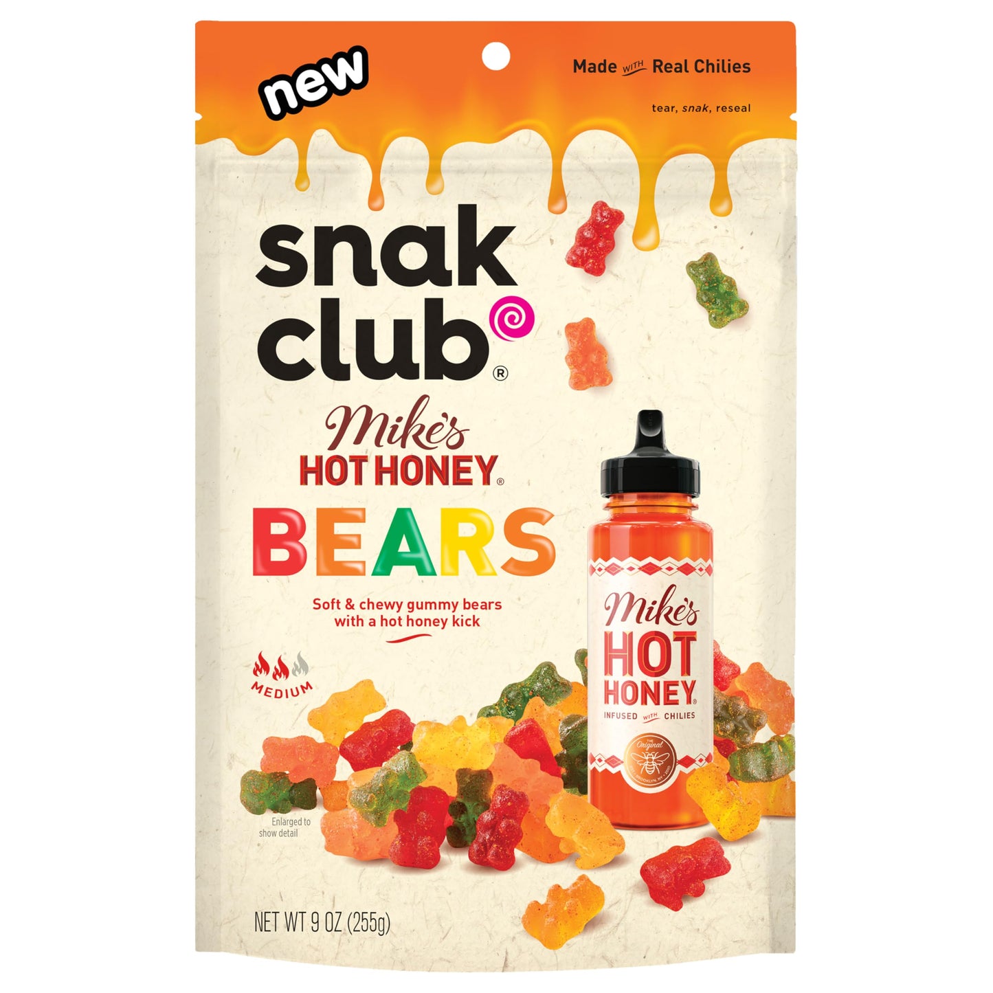 Snak Club Mikes Hot Honey Bears Gummy Candy, Soft and Chewy Gummy Bears with Sweet Heat, Unique Candy Snacks, 9 oz Family Size B