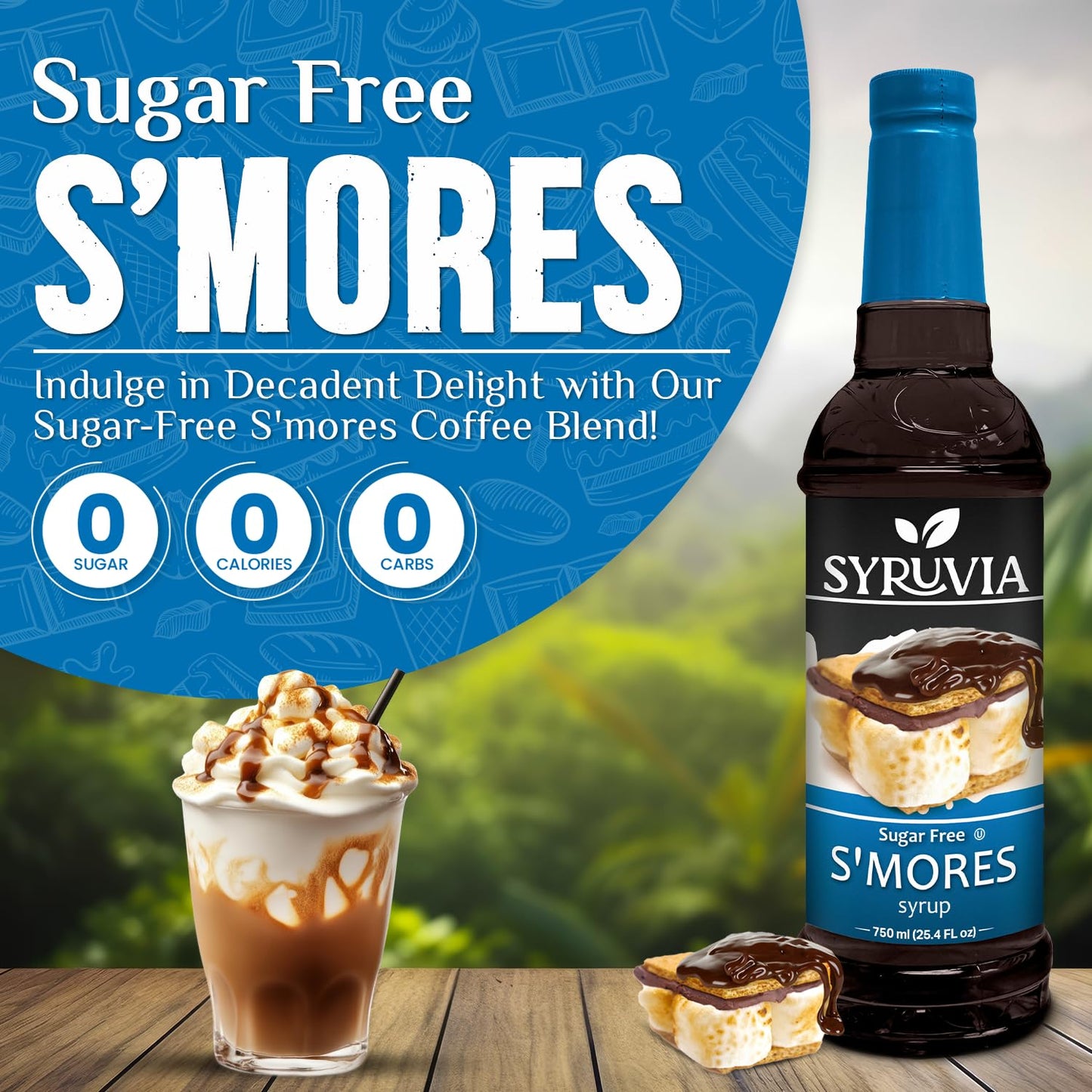 Syruvia Sugar-Free S'Mores Coffee Syrup - 25.4 Fl Oz Premium Coffee Flavoring Syrup - 0 Calorie - Kosher Coffee Syrups, Gluten F
