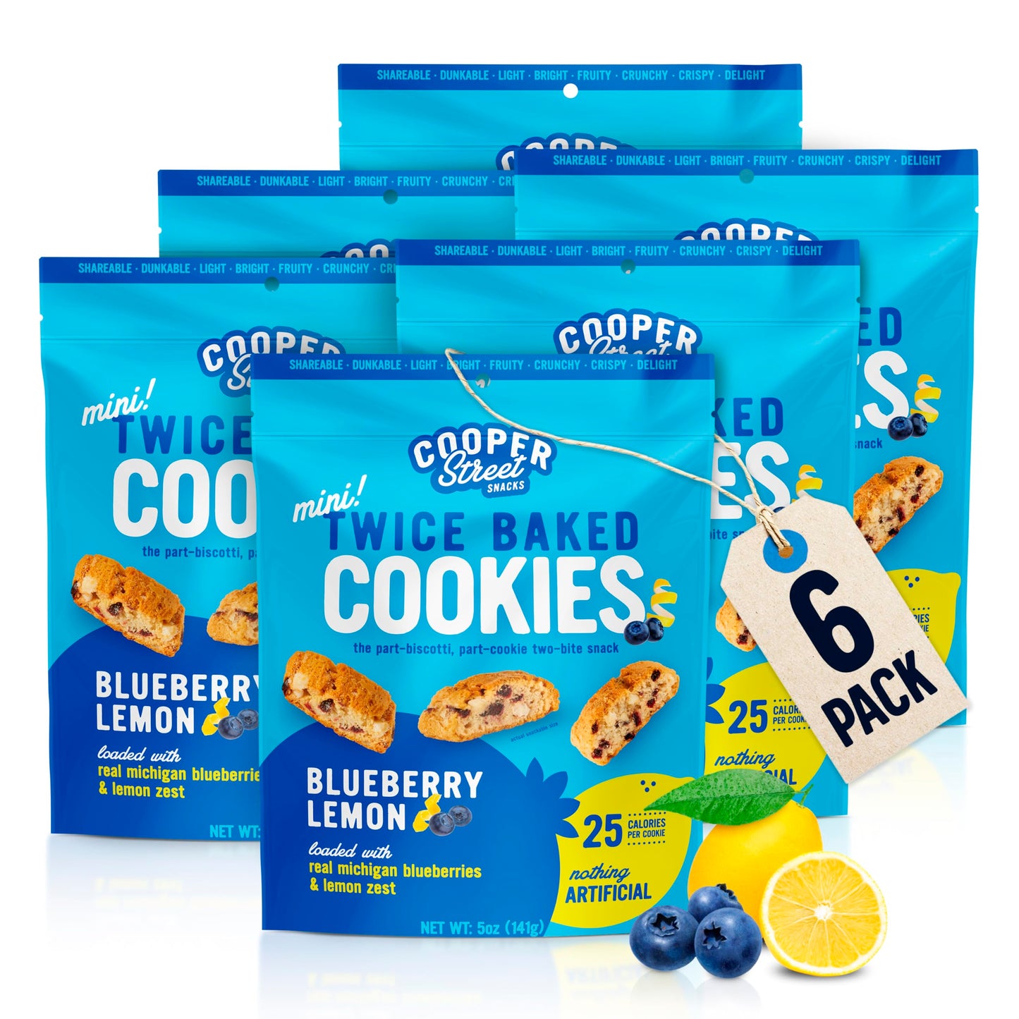 Cooper Street Italian Biscotti Cookies - Twice Baked Biscotti Style Cookie Biscuits In Delicious Blueberry Lemon Flavor | Crispy, Light And Healthy Cookies | Peanut & Dairy Free | 5Oz | 6 Pack