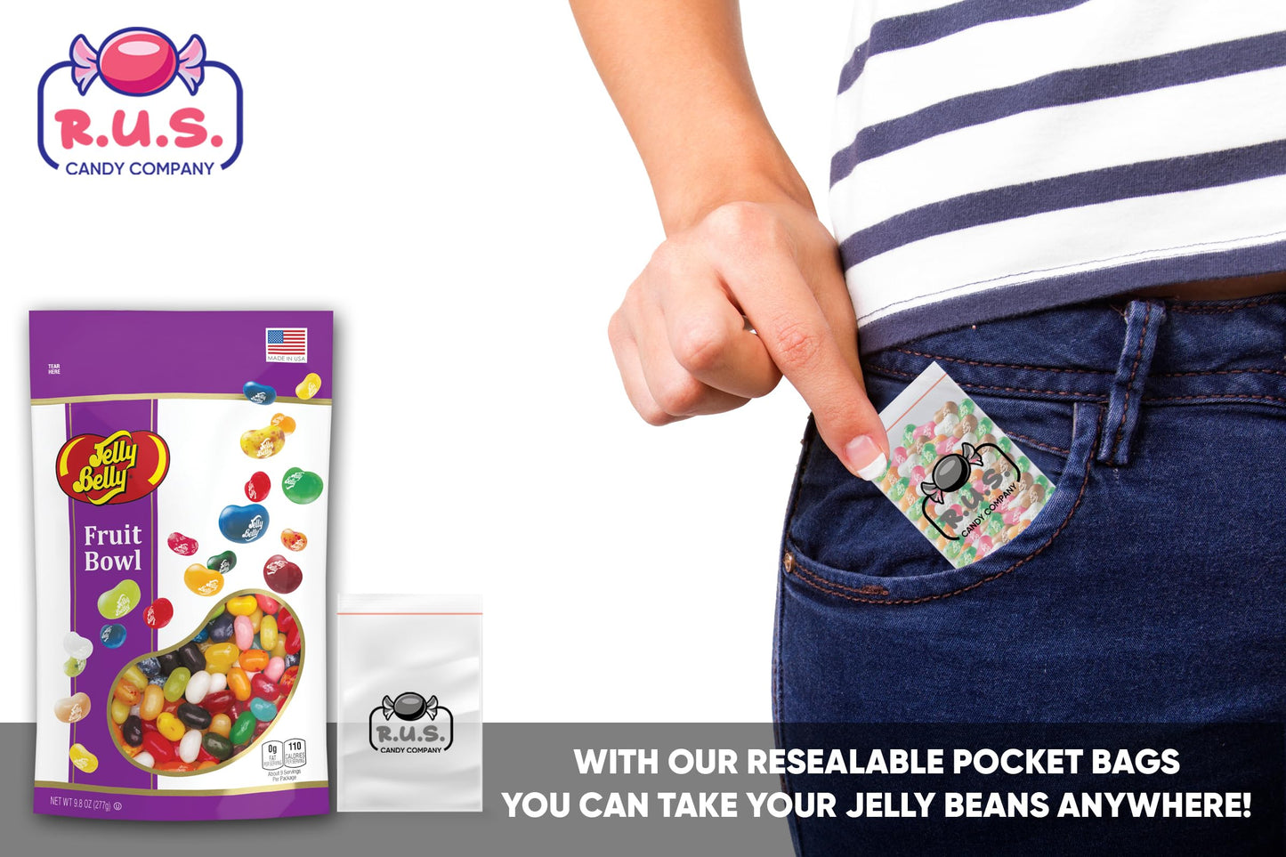 Jelly Belly Fruit Bowl Mix Flavor Jelly Bean- 9.8Oz Bag With R.U.S. Candy Pocket Size Travel Bag + 3 R.U.S. Candy Cards (Fruit B