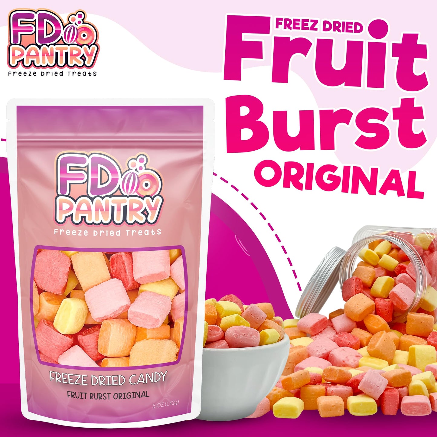 Freeze Dried Fruit Bursts Candy - Original Hard Candy Mix 5oz Treat Snack Gift Bag Cherry, Strawberry, Lemon, Orange Candies Fre