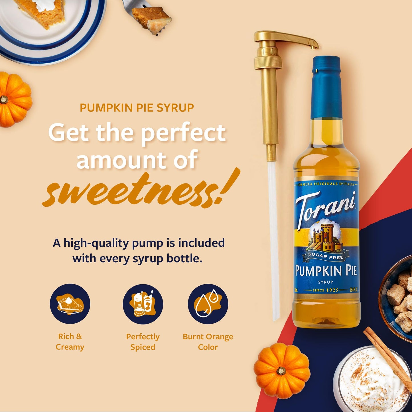 Torani Sugar Free Coffee Syrup, Pumpkin Pie Flavored Syrup for Drinks, Zero Calorie, Pump Included, 25.4 Fl Oz